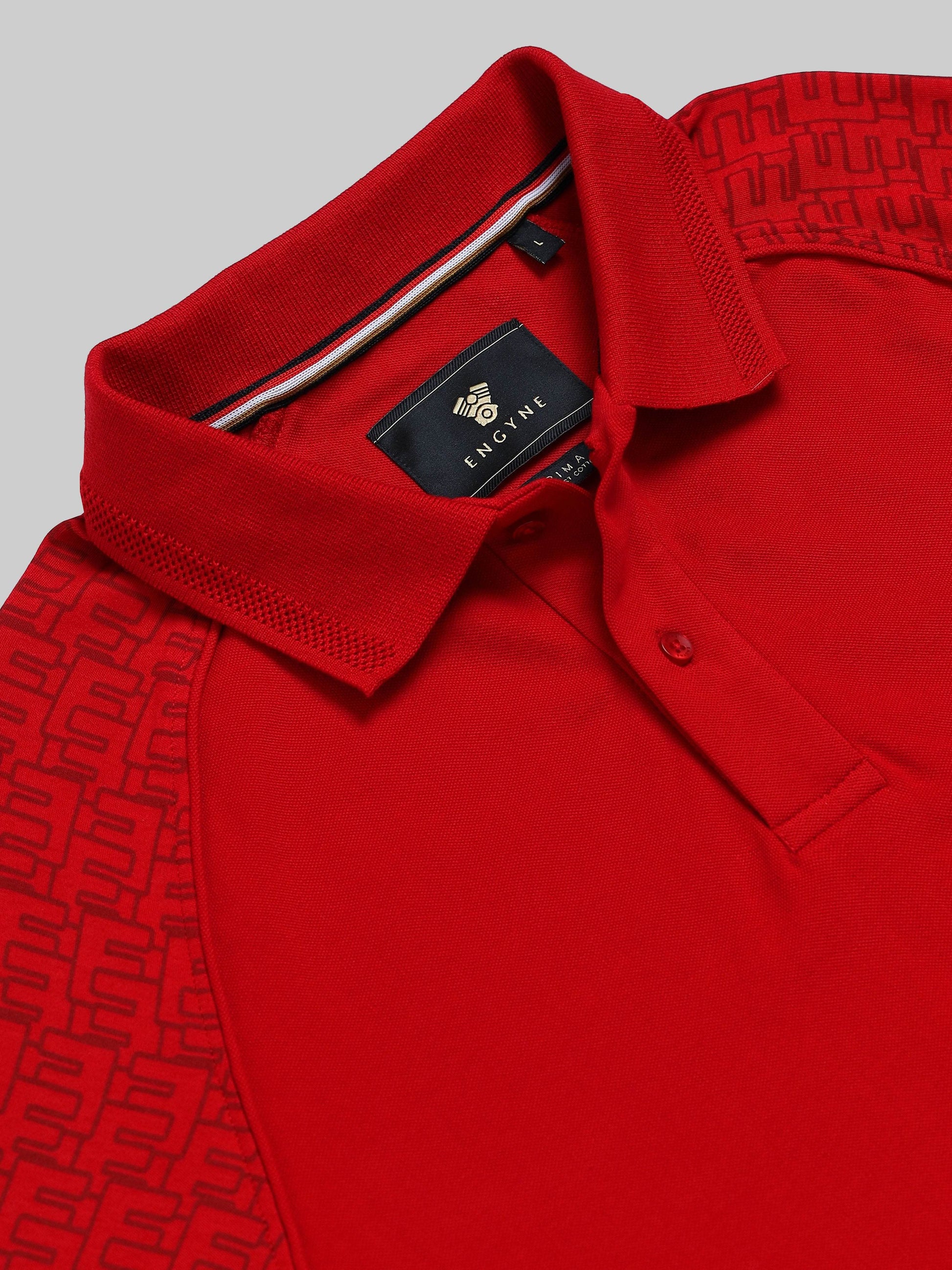 Men's red polo t-shirt with printed raglan sleeves