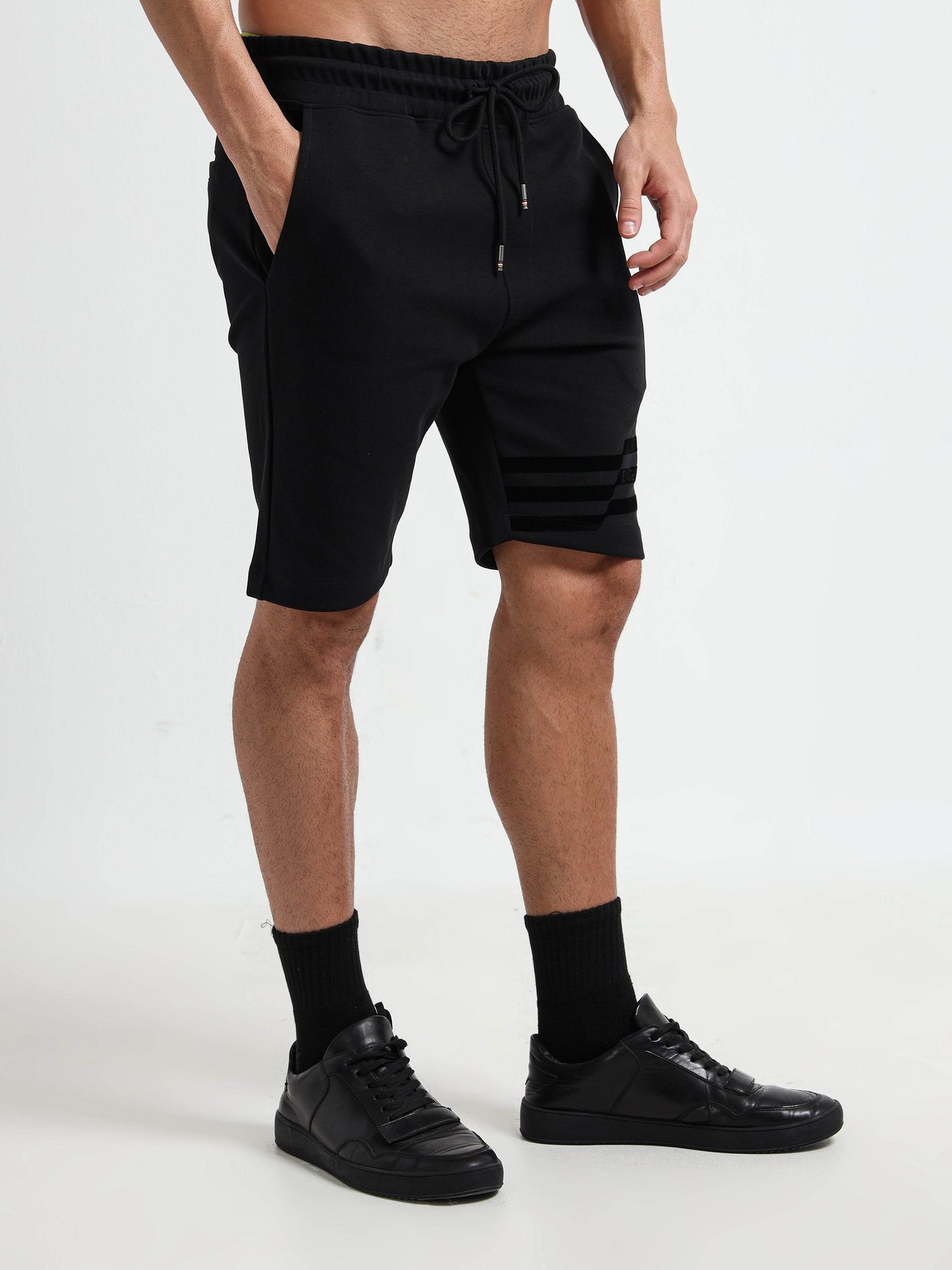 Regular fit Flock Stripe Mens Black Shorts