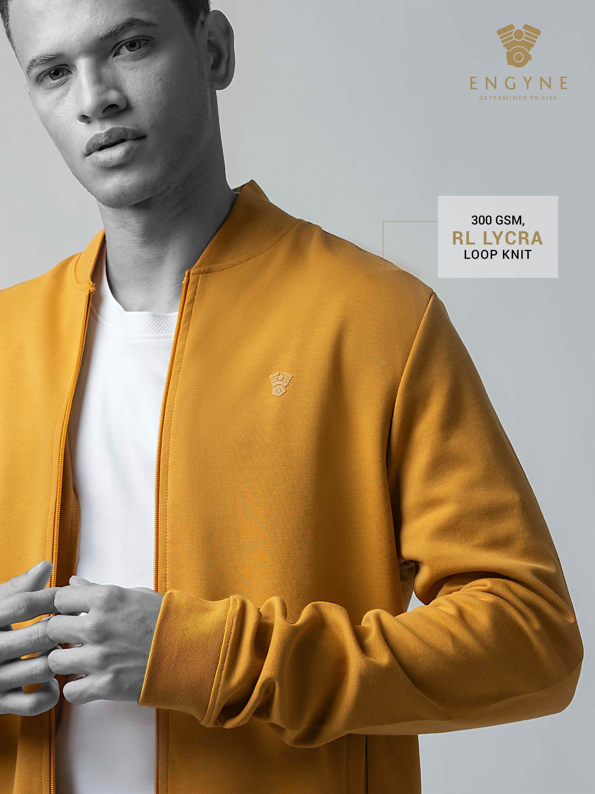Mustard Gold  Baseball Collar Mens Zip Up Sweatshirts