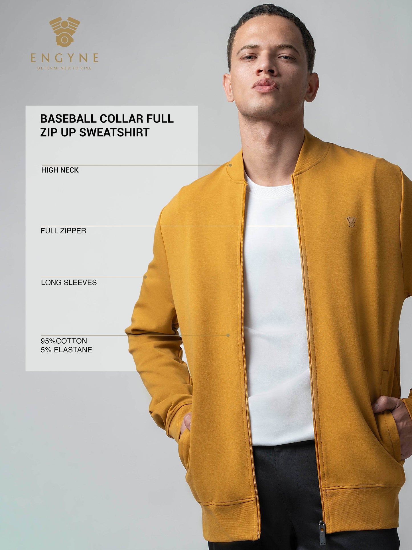 Mustard Gold  Baseball Collar Mens Zip Up Sweatshirts