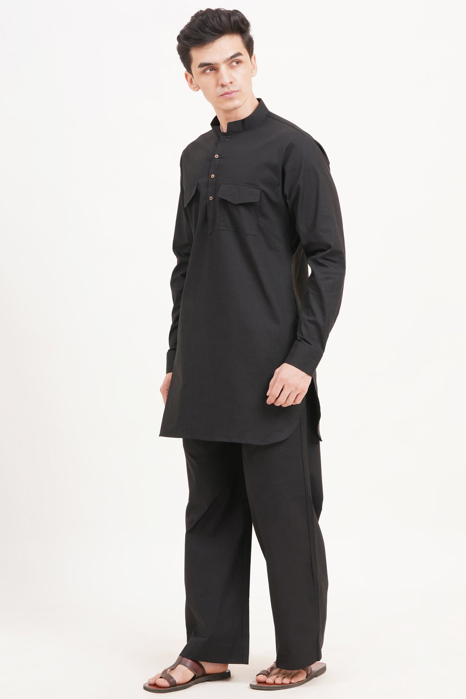 Men’s Black Kurta Set Timeless Elegance in a Luxe Linen Blend - Adam Spirit