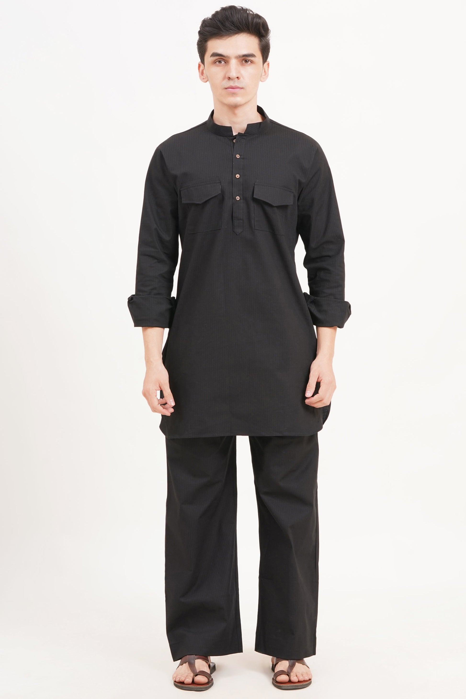 Men’s Black Kurta Set Timeless Elegance in a Luxe Linen Blend - Adam Spirit