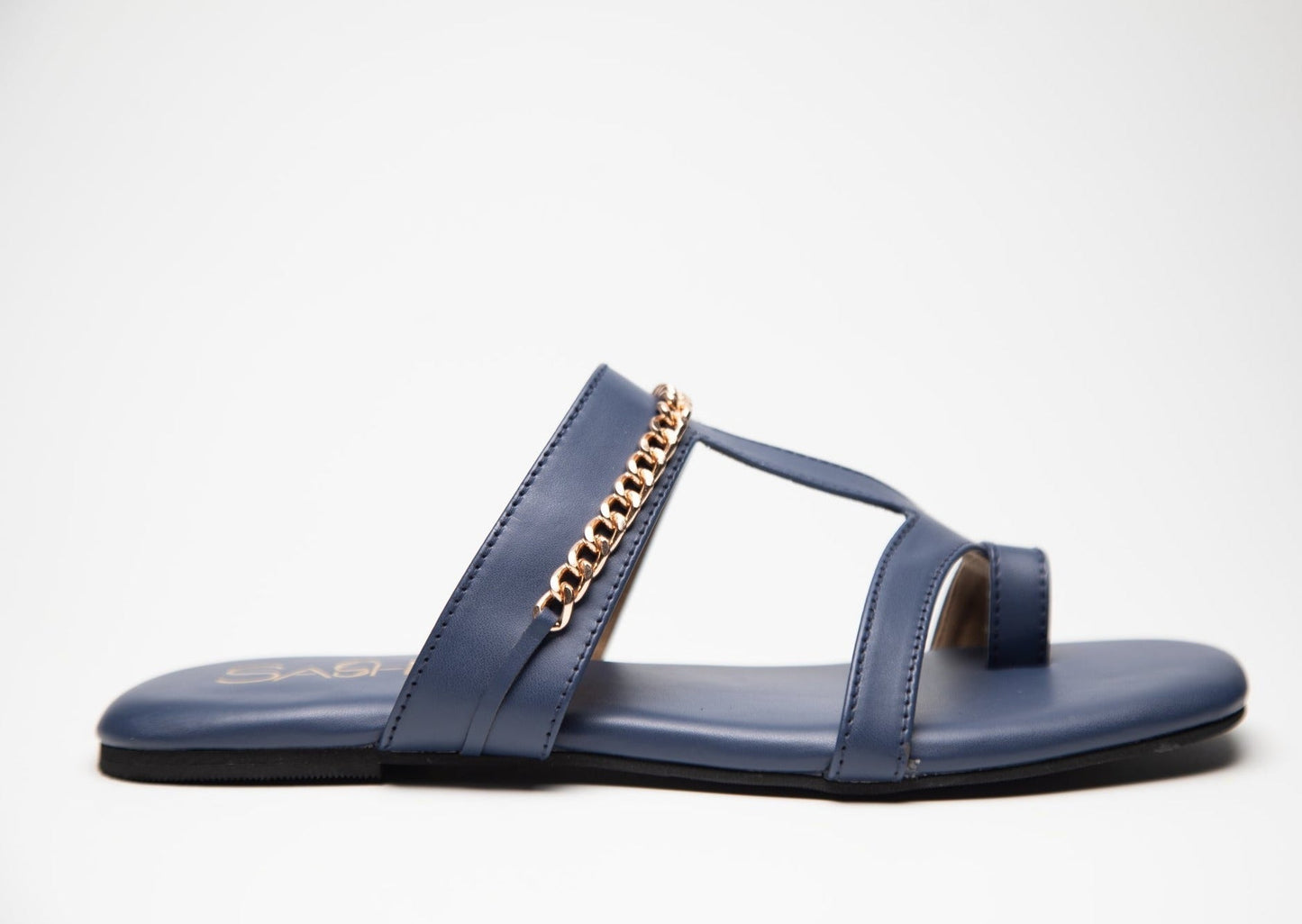Stylera navy blue flats for women with chain detail and toe loop design