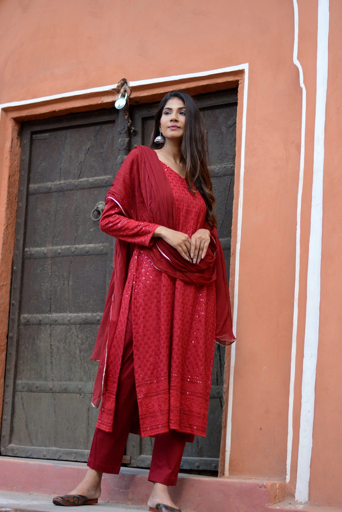 Carmine Red Chikankari Suit Set – Elegant Ethnic Wear