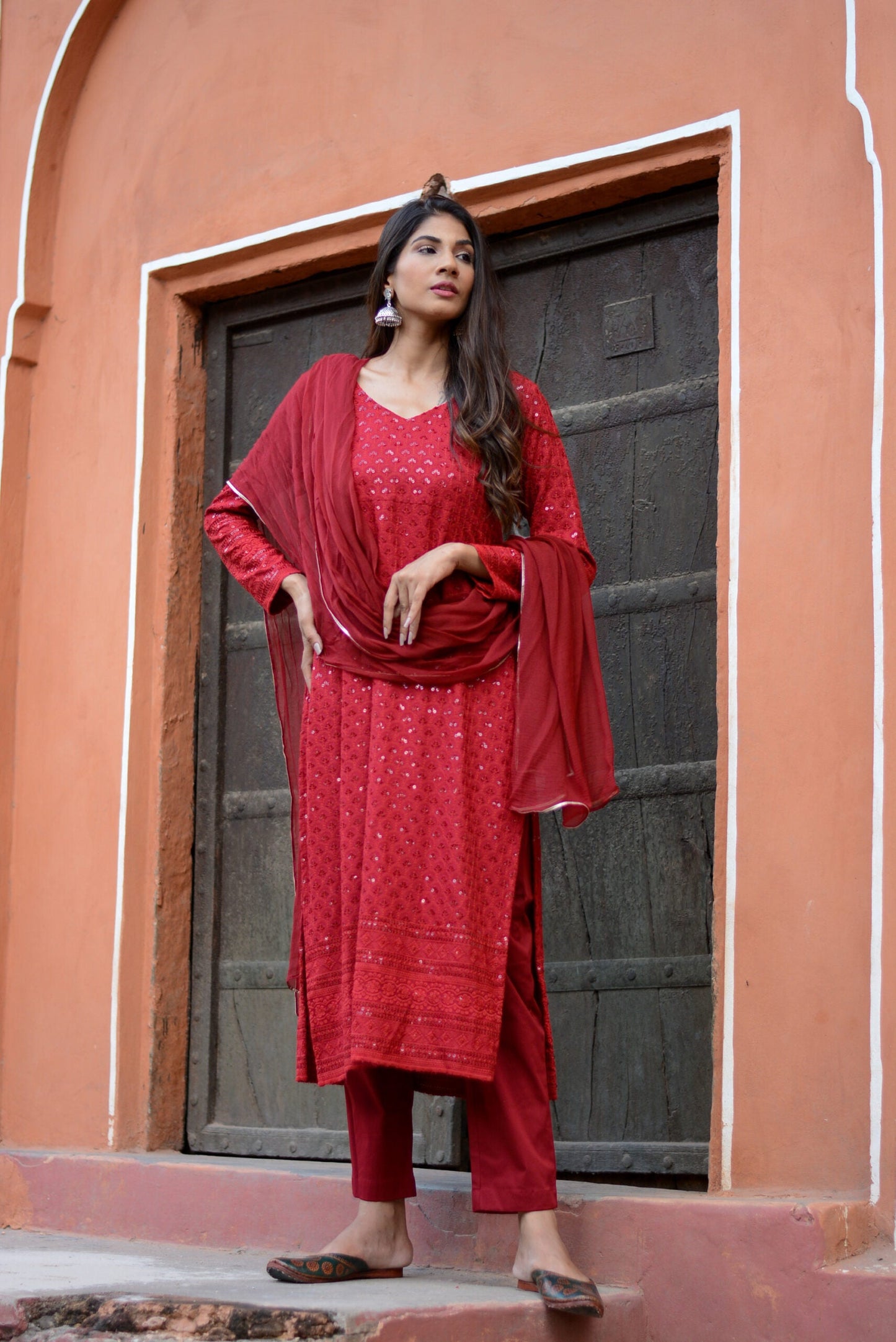 Carmine Red Chikankari Suit Set – Elegant Ethnic Wear