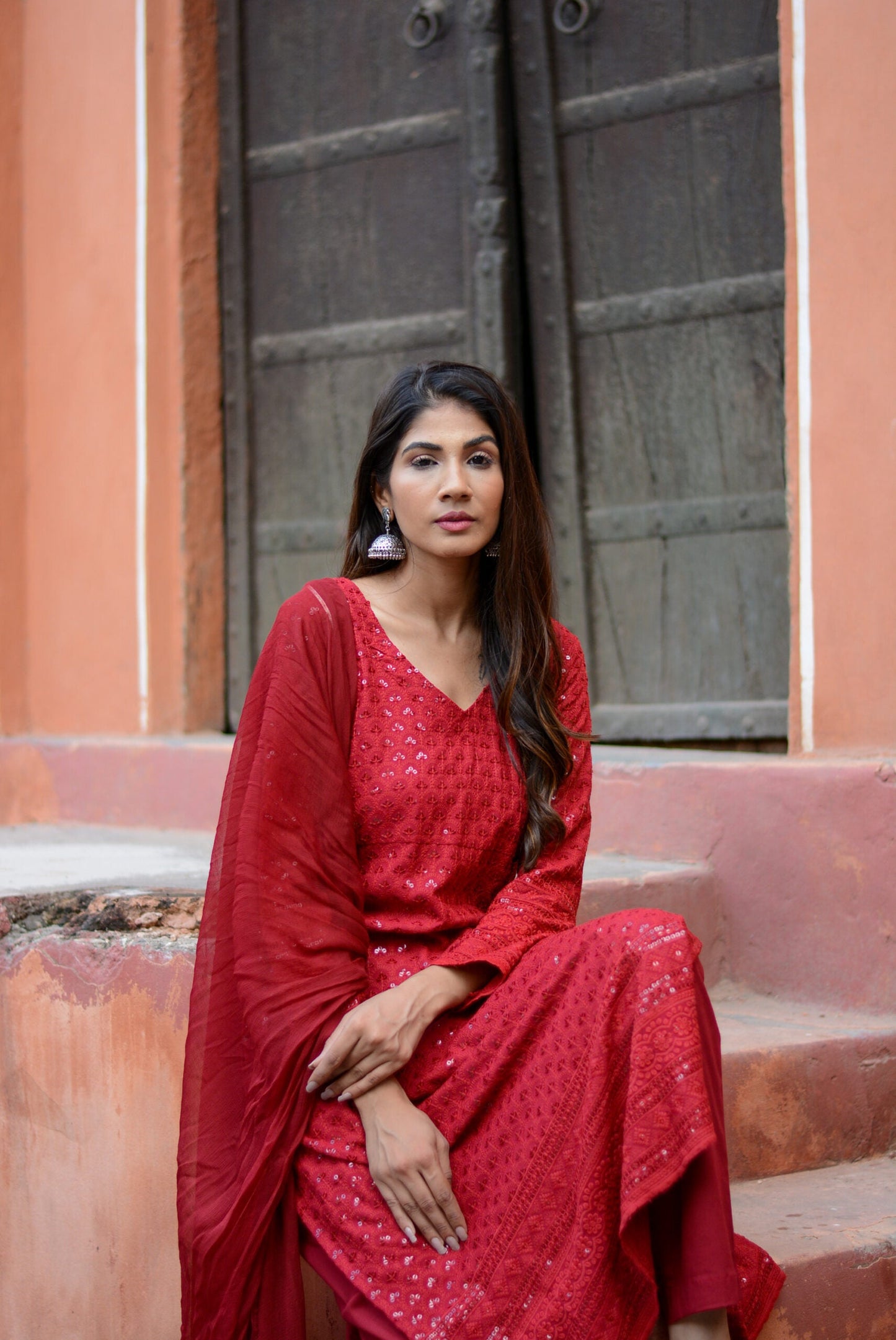 Carmine Red Chikankari Suit Set – Elegant Ethnic Wear