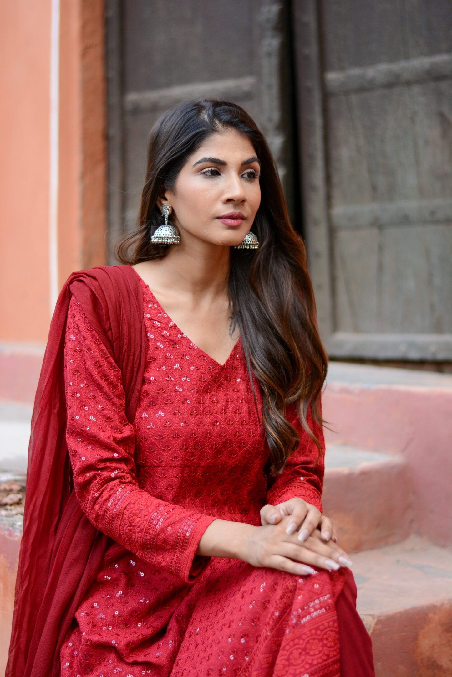 Carmine Red Chikankari Suit Set – Elegant Ethnic Wear