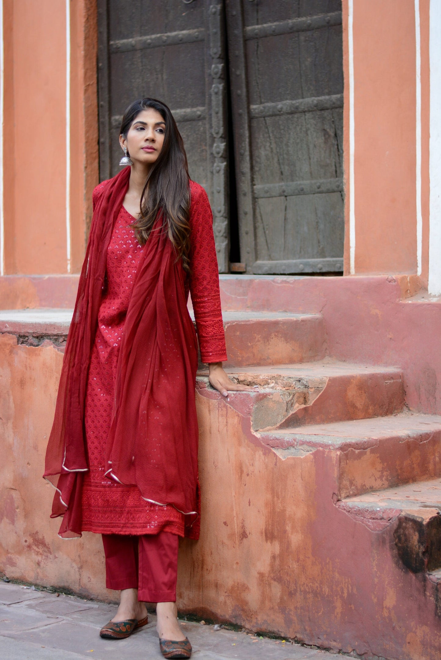 Carmine Red Chikankari Suit Set – Elegant Ethnic Wear