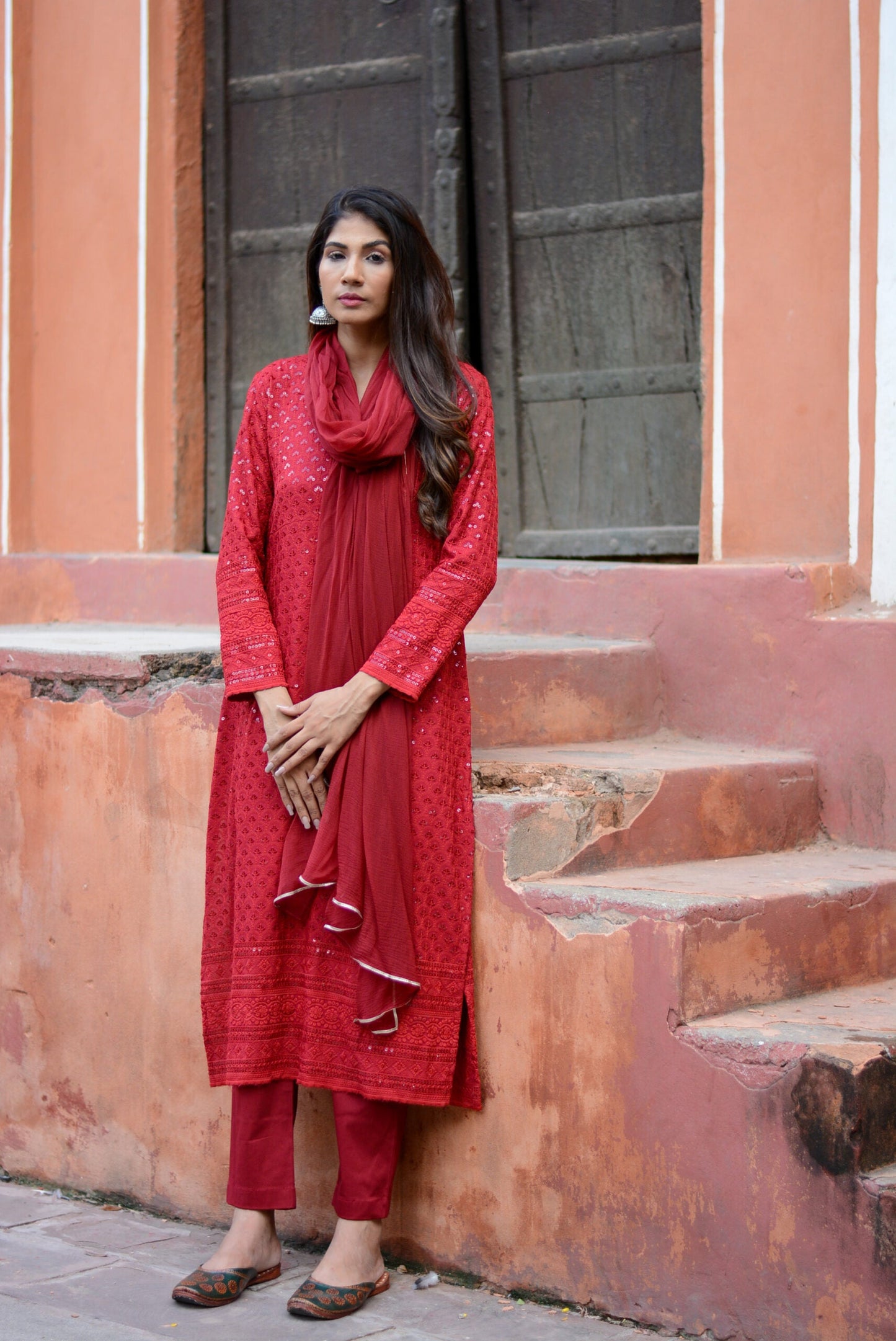Carmine Red Chikankari Suit Set – Elegant Ethnic Wear