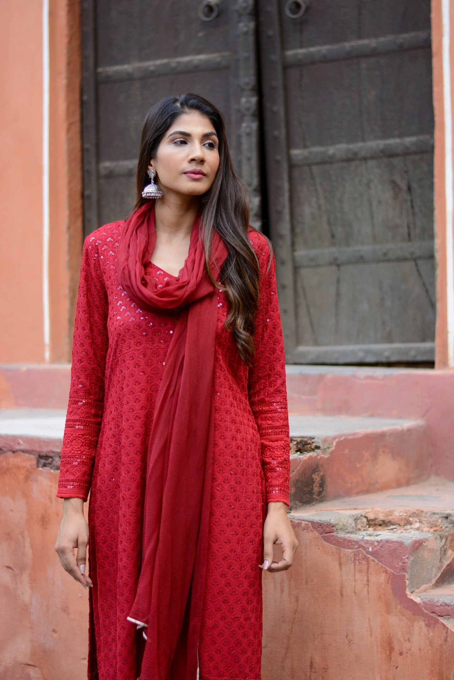 Carmine Red Chikankari Suit Set – Elegant Ethnic Wear