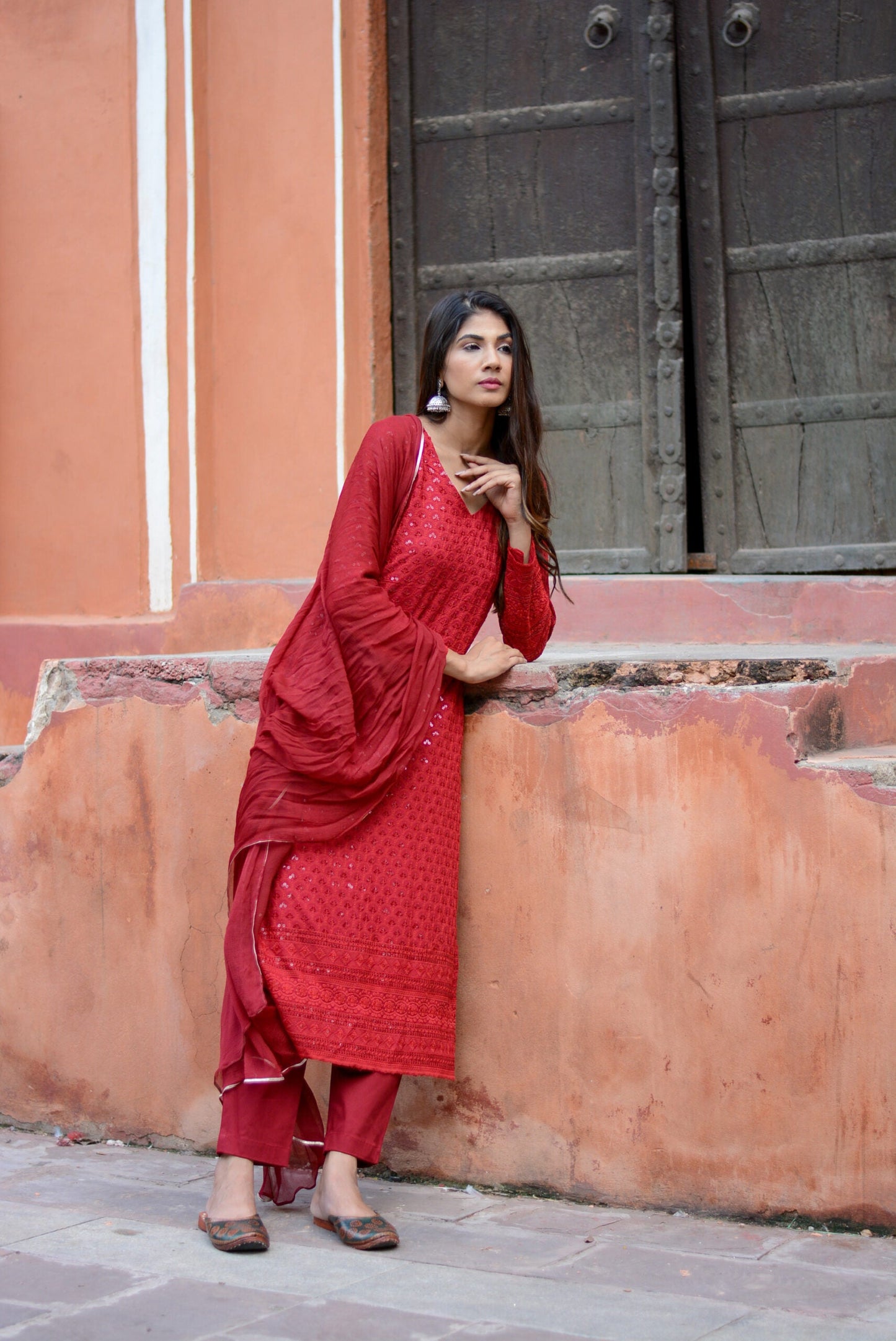 Carmine Red Chikankari Suit Set – Elegant Ethnic Wear