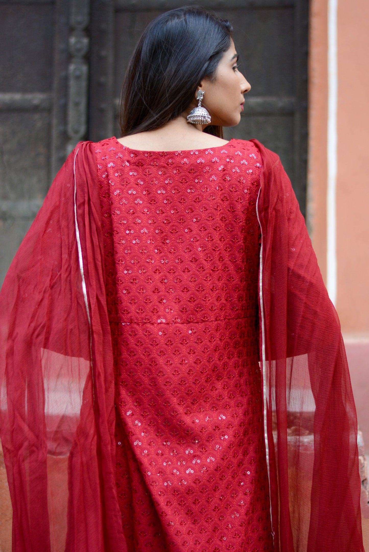 Carmine Red Chikankari Suit Set – Elegant Ethnic Wear