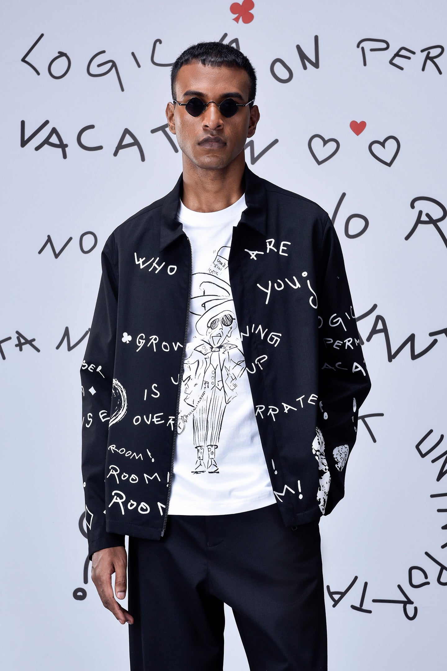 Black casual wool jacket men by Stylera with white graphic text design worn by male model