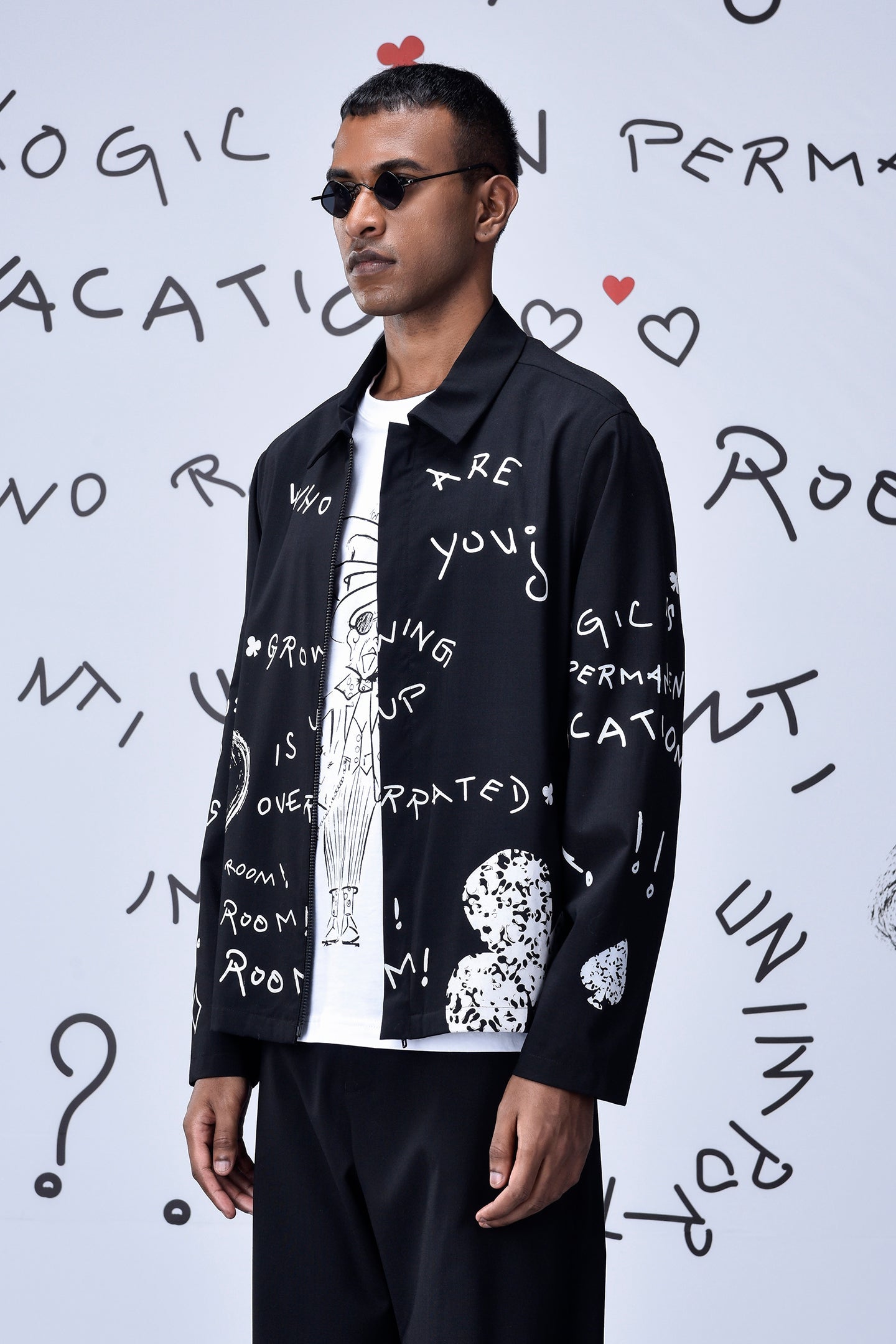 Stylera black casual wool jacket men with graphic white text and designs worn by male model