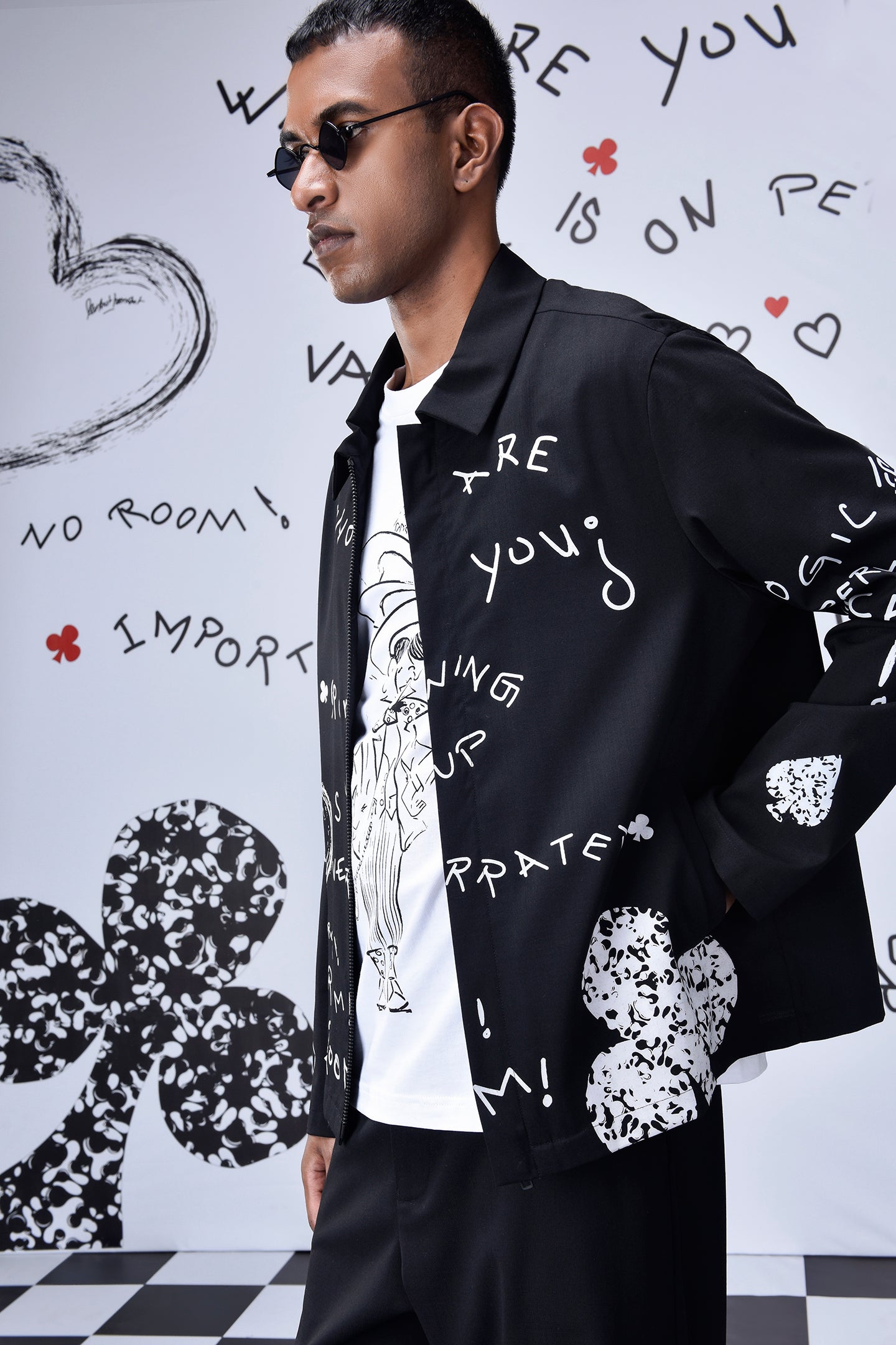 Men wearing black casual wool jacket men by Stylera with white graphic prints