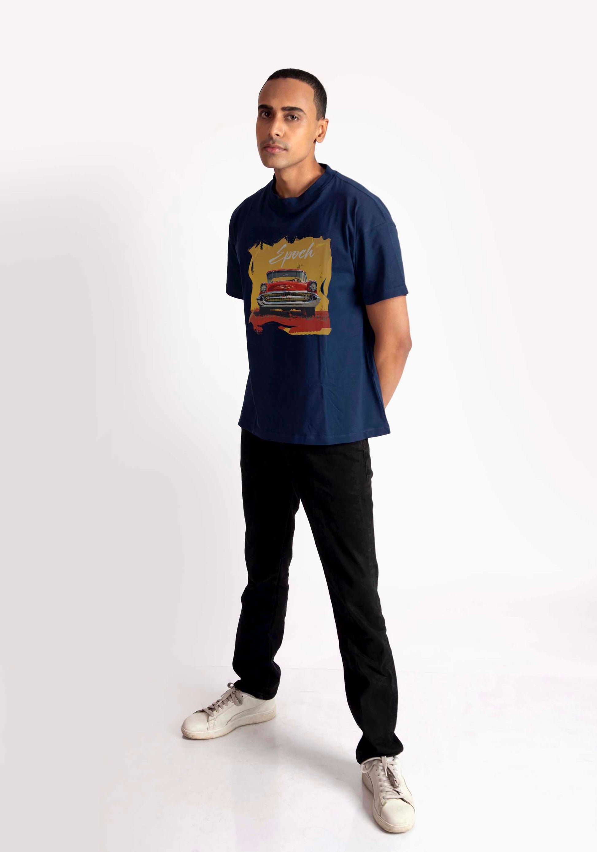 Stylera regular fit men's fashion tee navy blue with vintage car graphic worn by male model