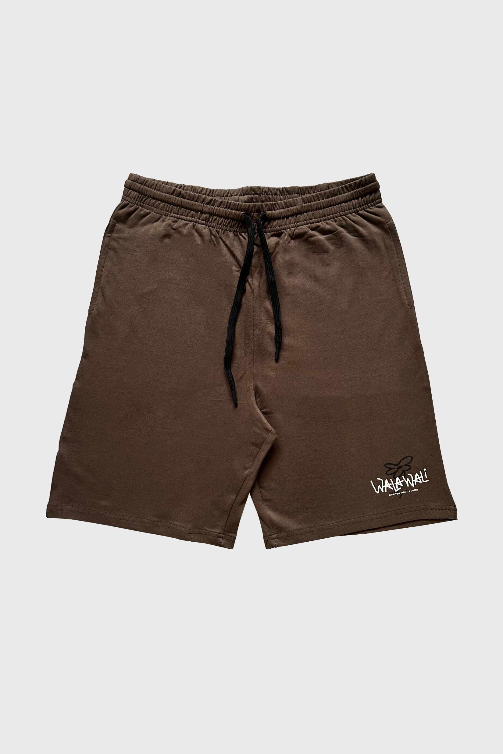 Stylera trendy brown shorts for everyday wear elastic drawstring waist knee length casual logo