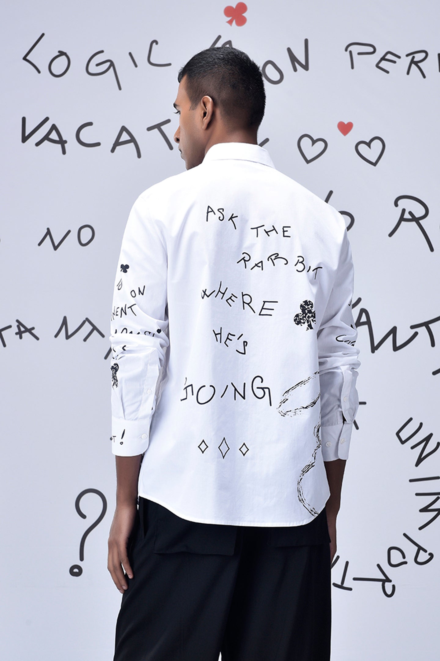 Back view of trendy scribble print shirt by Stylera worn by male model