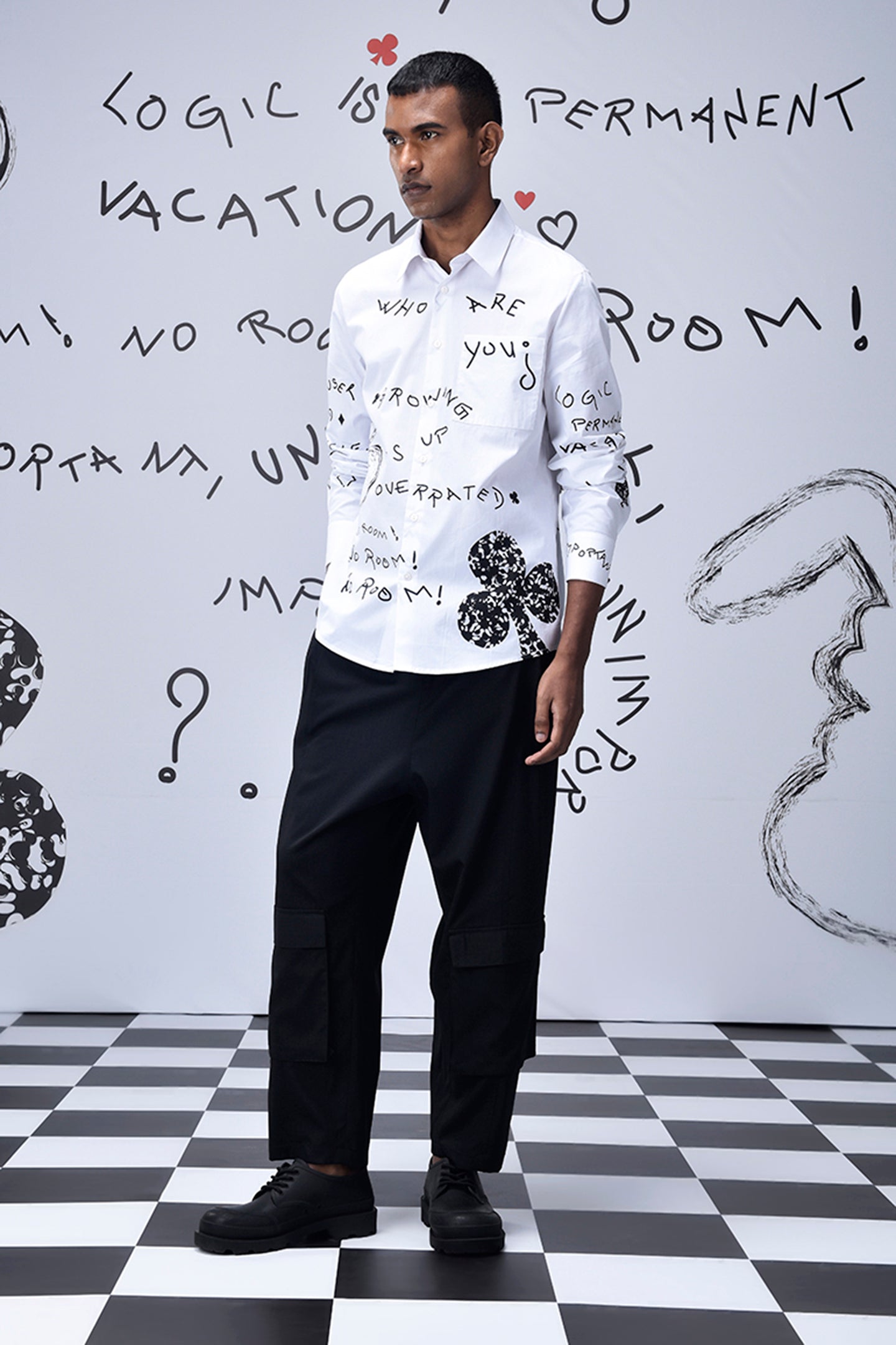 Stylera trendy scribble print shirt white with black abstract text and designs