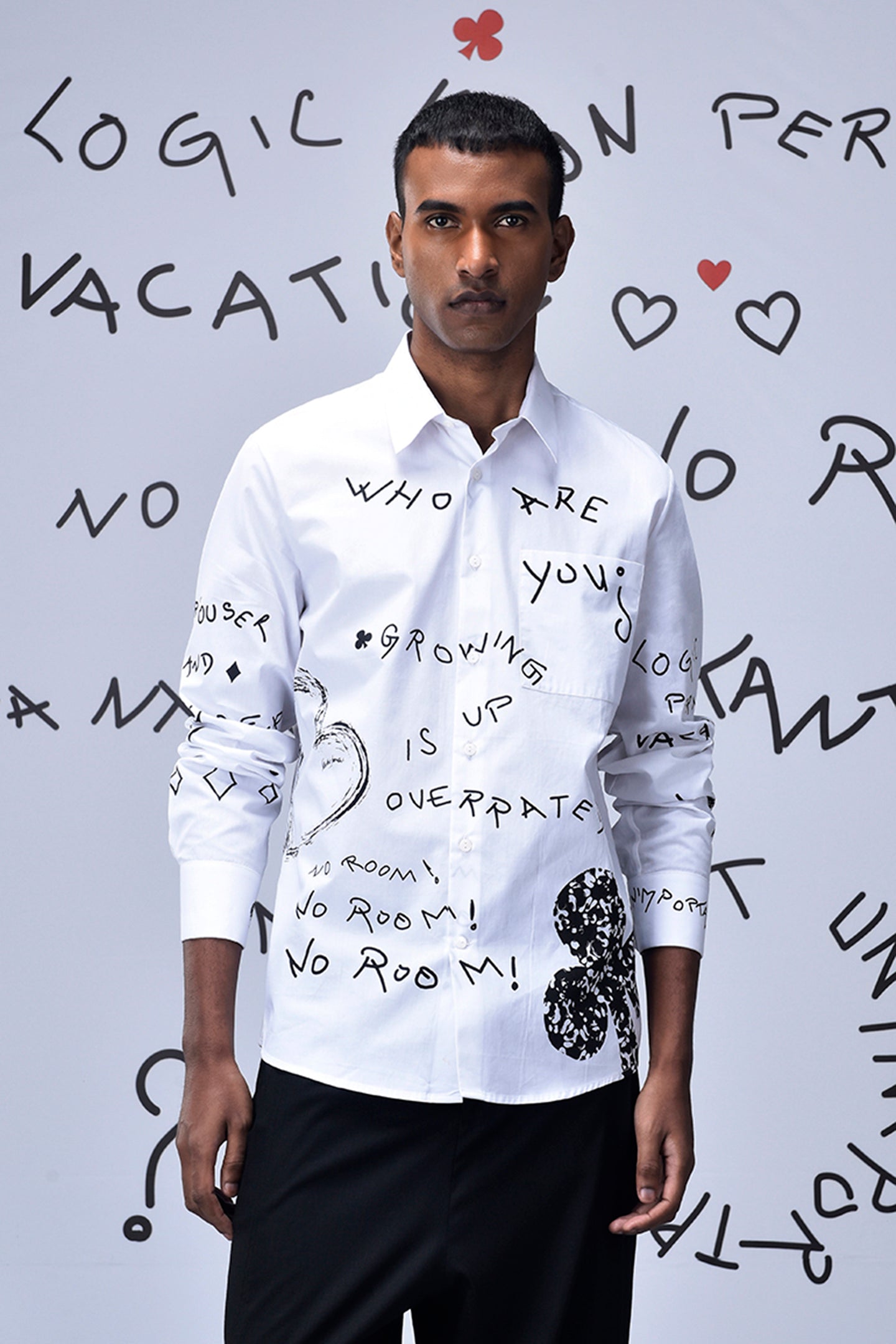 Stylera trendy scribble print shirt in white with black abstract text and designs
