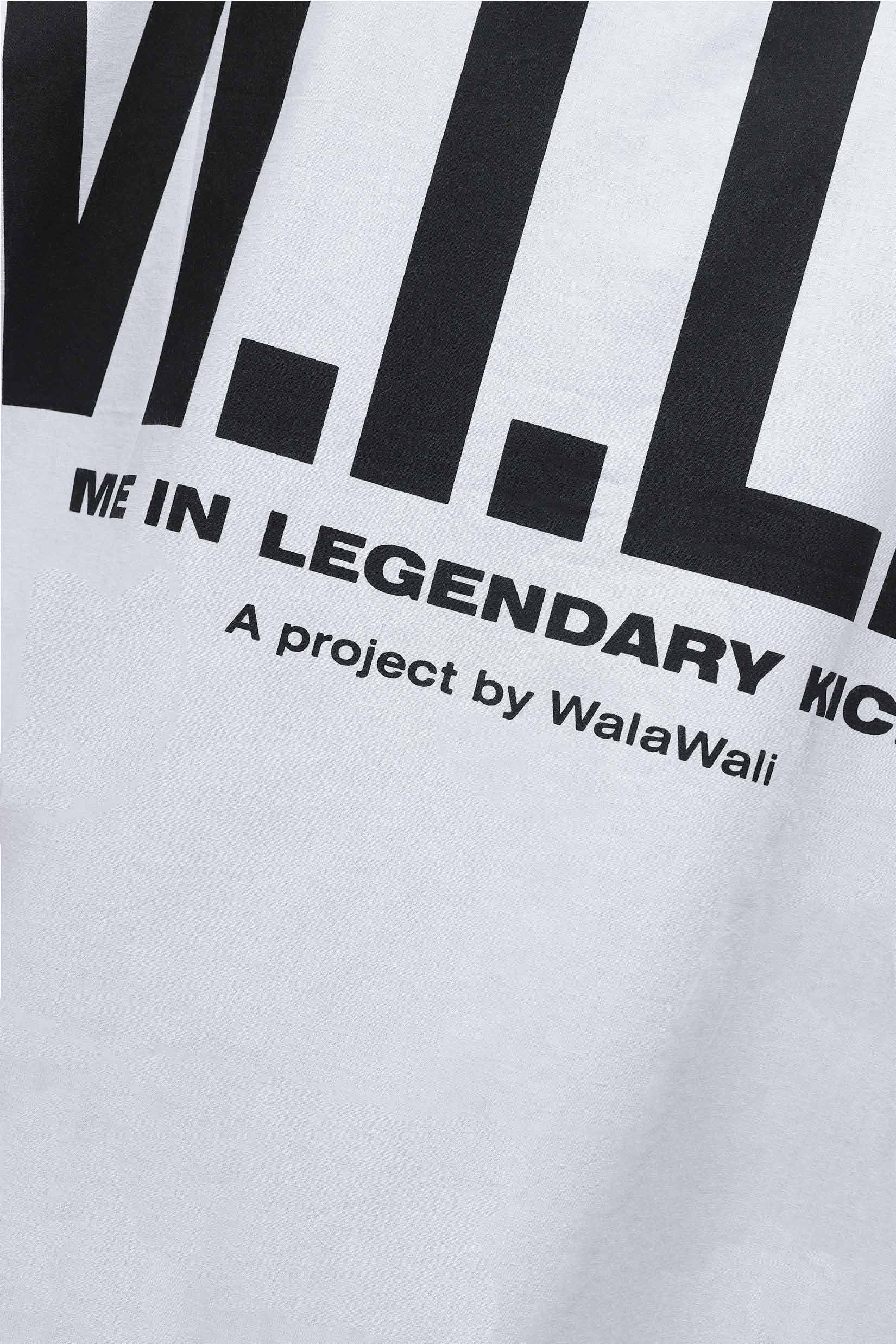 Close up of Stylera white trendy summer shirt with bold black logo print and slogan