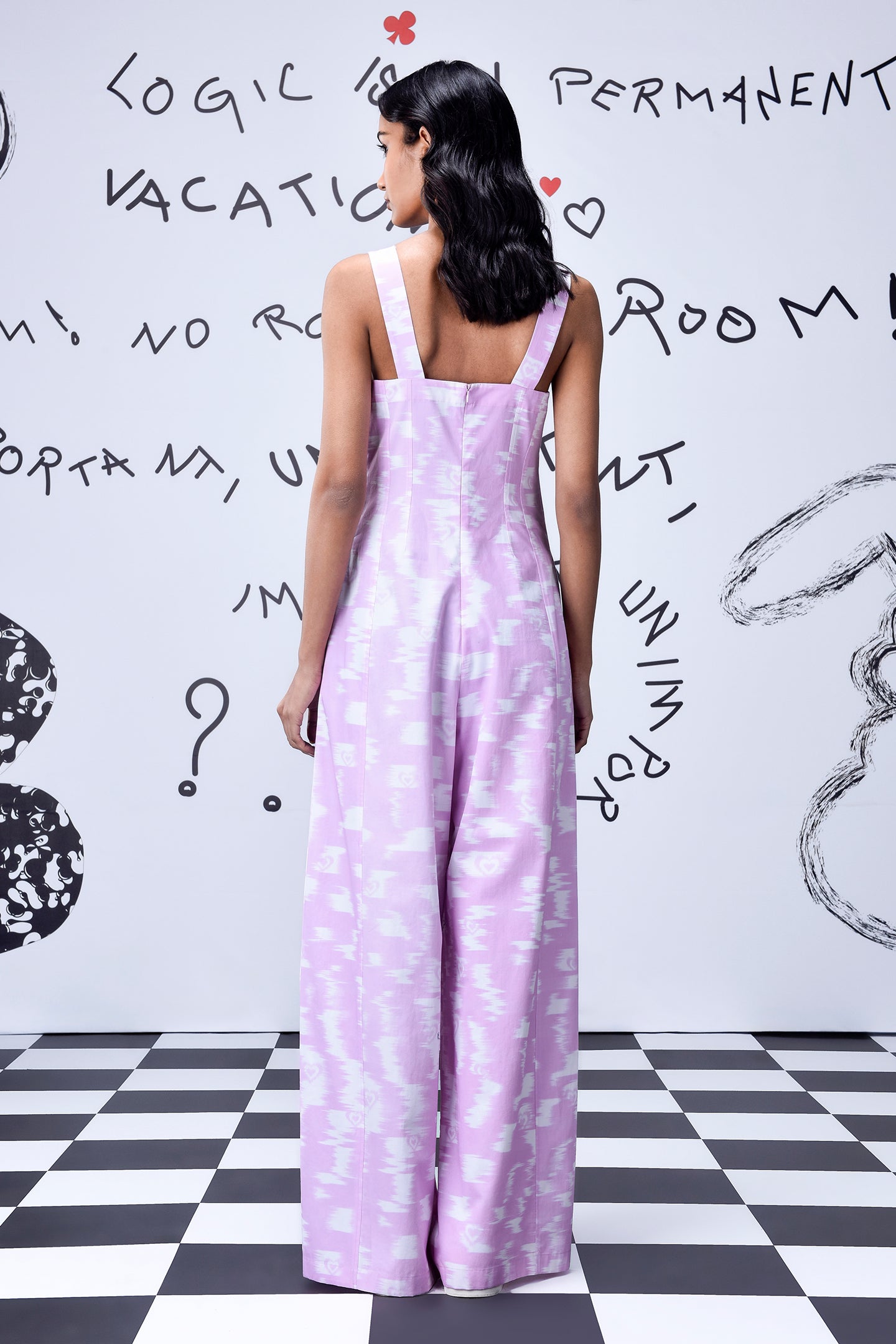 Stylera lavender patterned wide leg back view women's relaxed fit dungarees