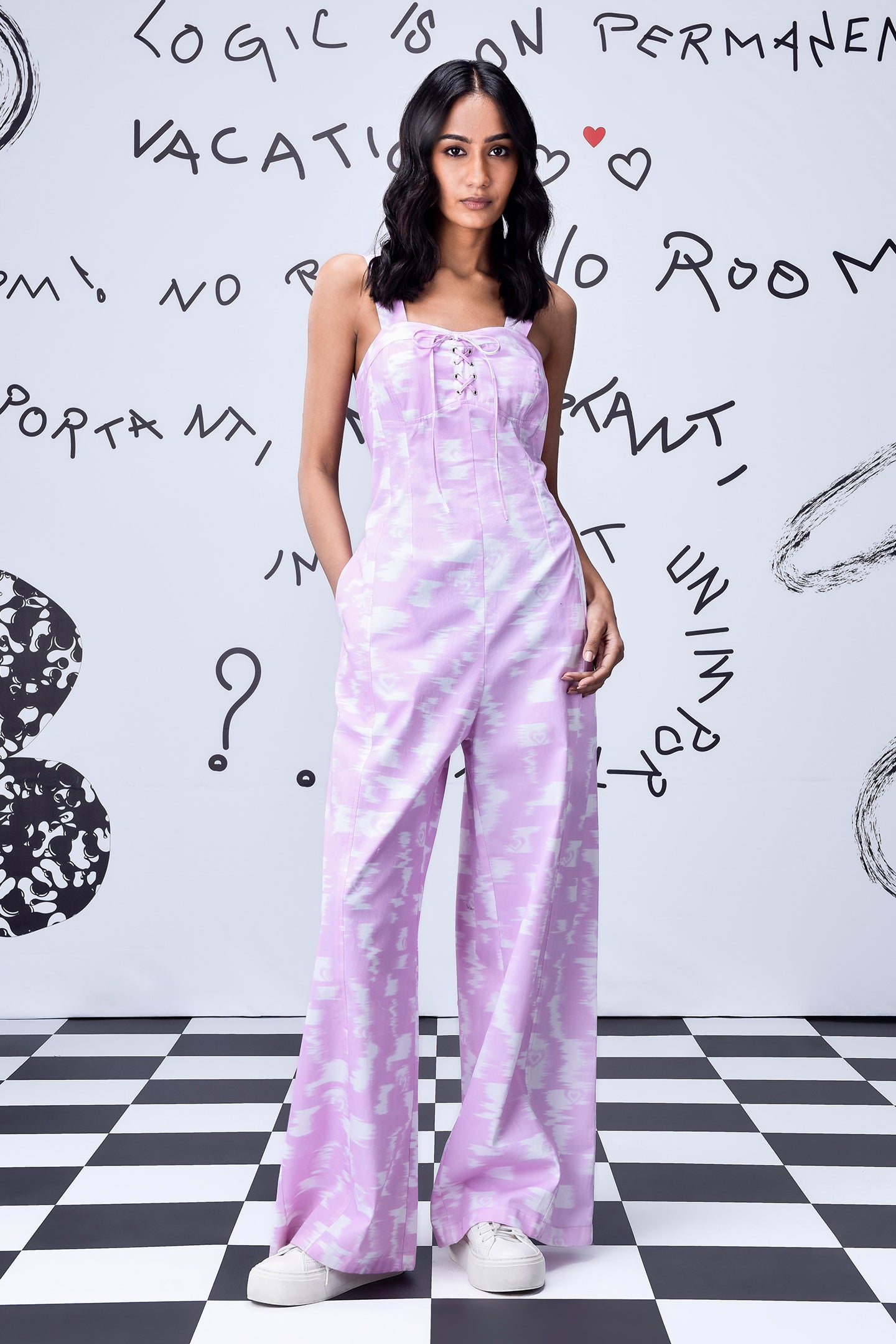 Stylera women's relaxed fit dungarees in lilac tie dye with wide legs and front pockets