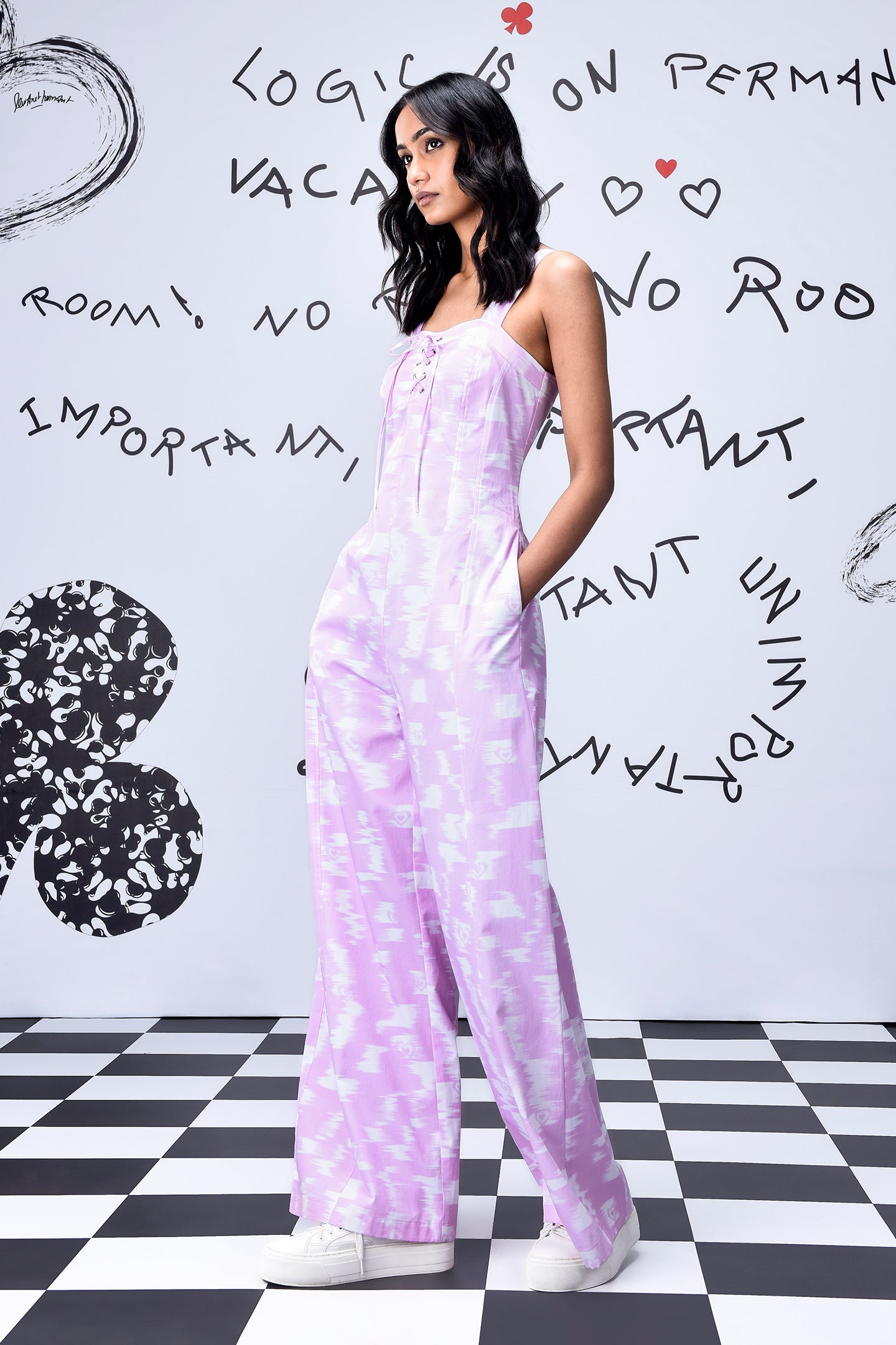 Stylera women's relaxed fit dungarees in lilac print with wide legs front tie and side pockets