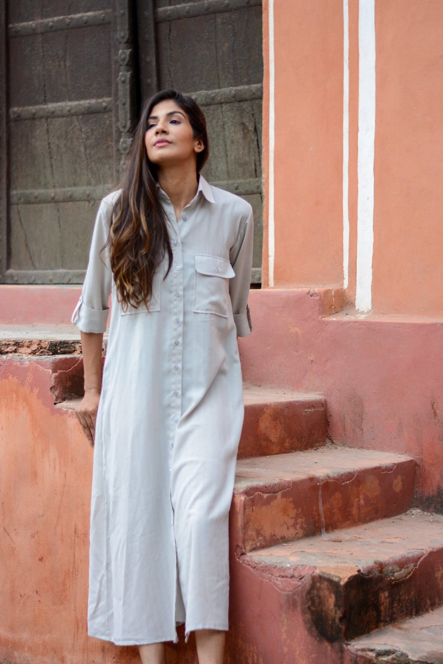 Elegant ash grey midi shirt dress by Stylera featuring a relaxed fit and rolled sleeves