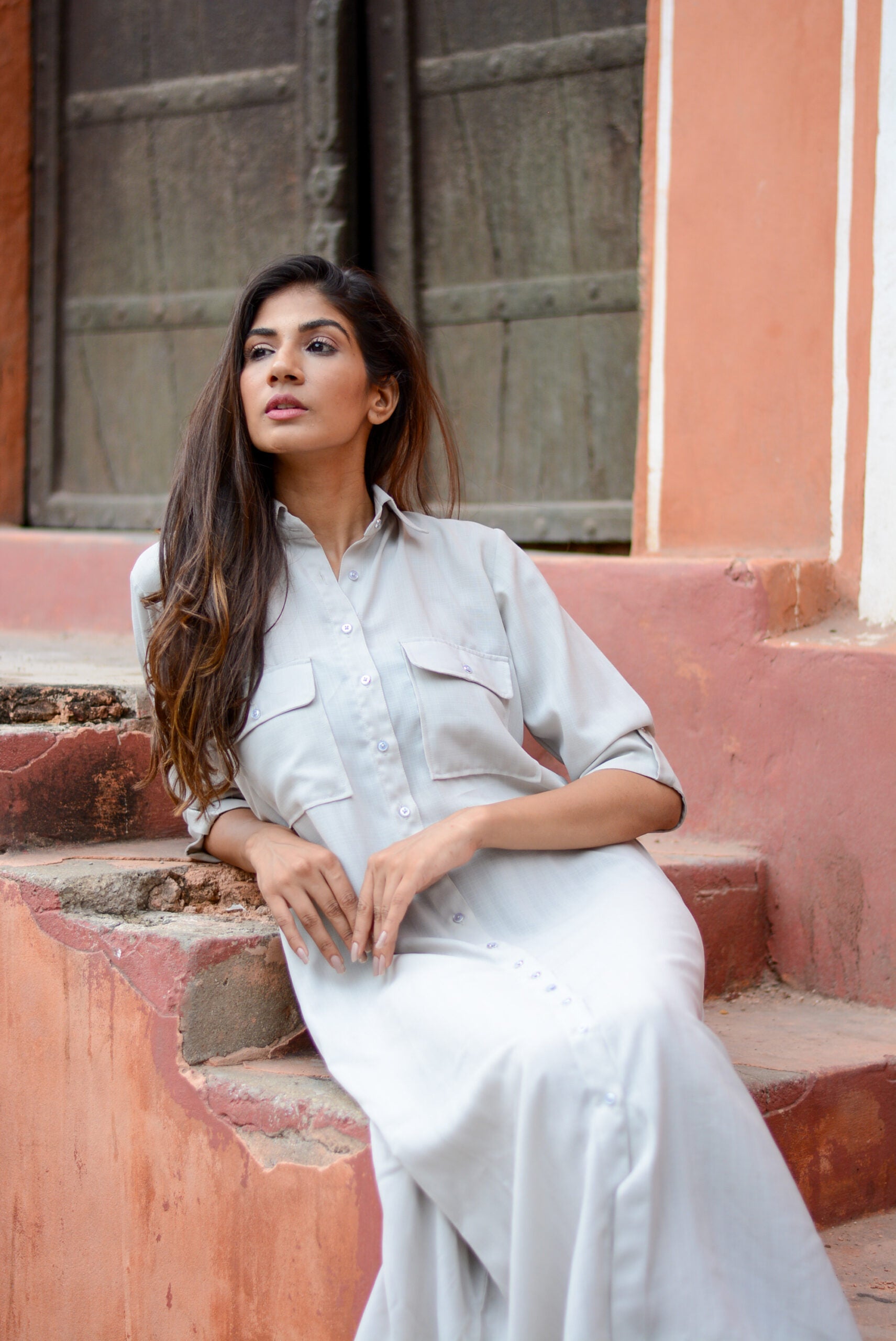 Stylera ash grey midi shirt dress with button-down front and side pockets, perfect for casual outings