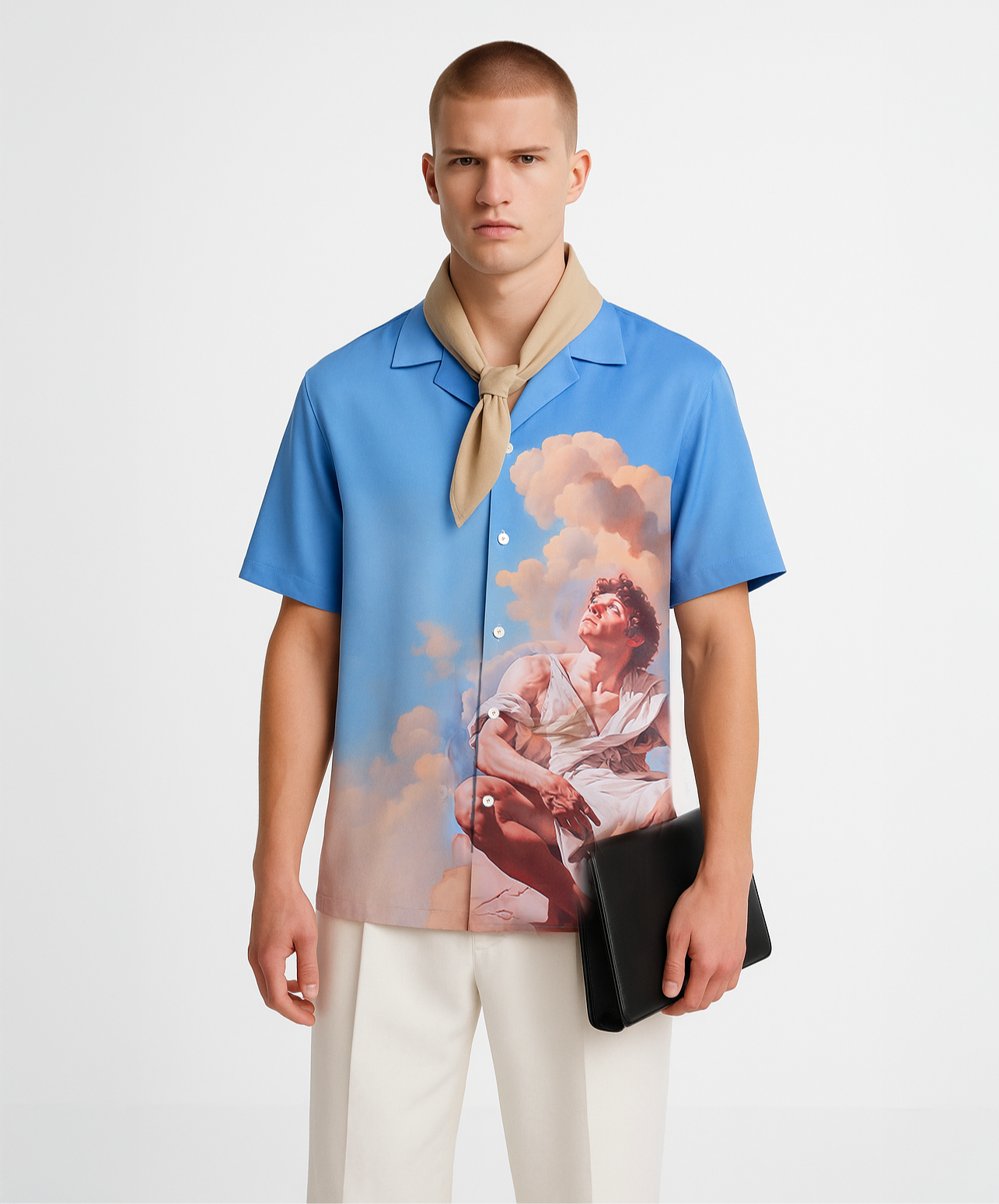 Stylera blue short sleeve shirt with classical painting print beige neck scarf and clutch statement fashion shirt