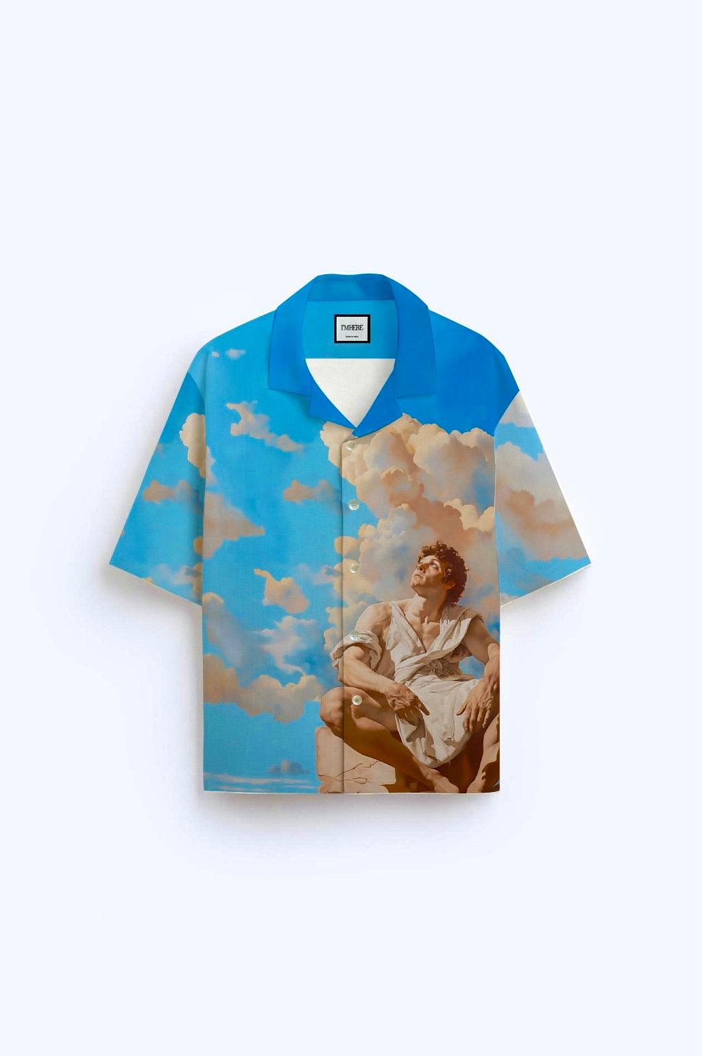 Stylera sky print camp collar shirt featuring classical figure and clouds statement fashion shirt