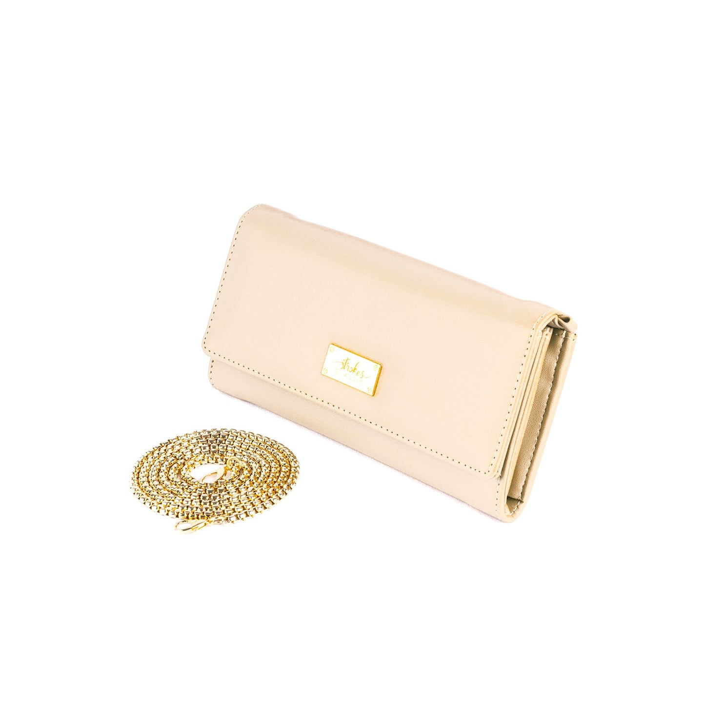 Beige wallet with chain for women from Stylera, perfect for stylish outings.