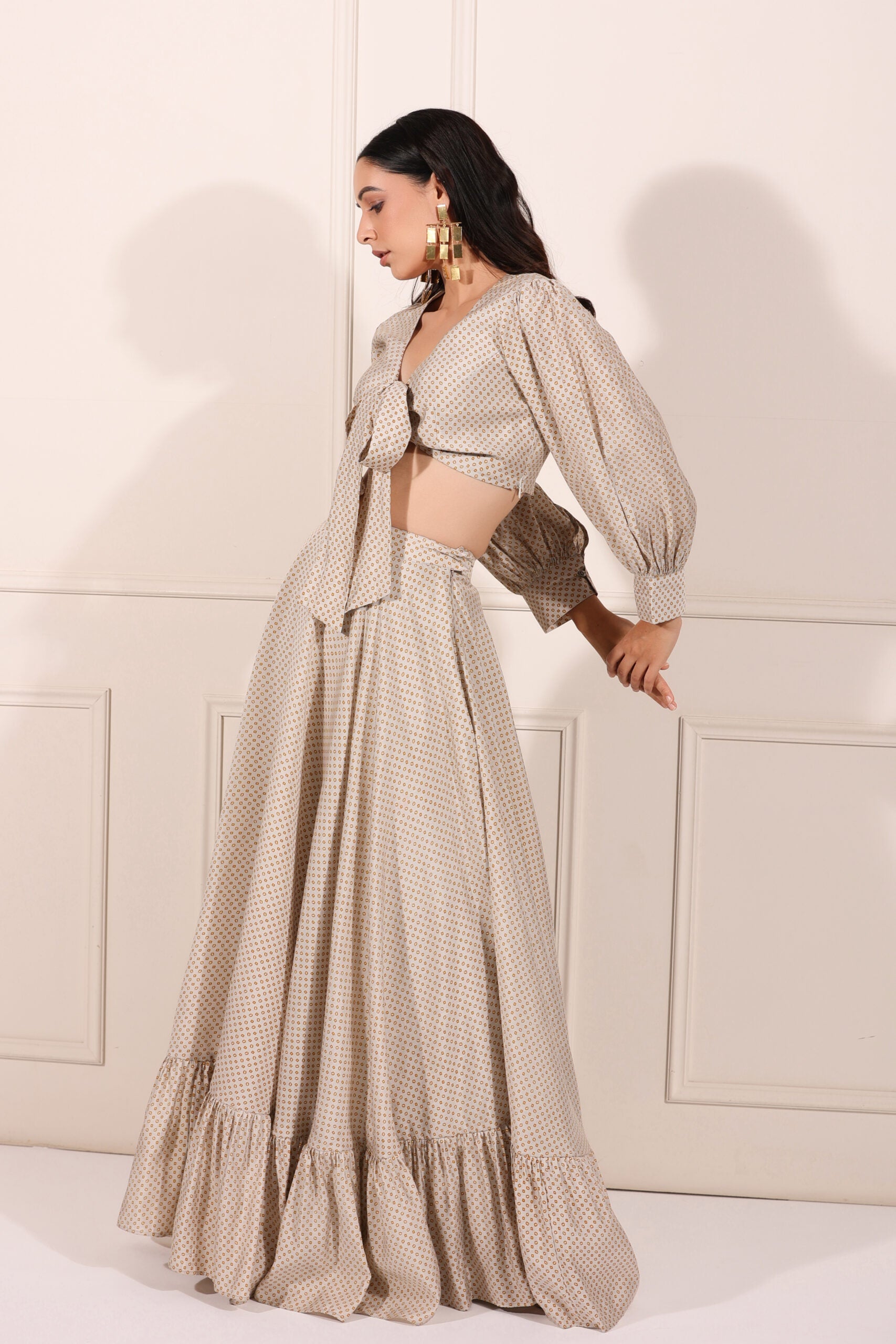 Elegant Bindu Starlight co-ord set featuring a crop top and flowy skirt with ruffles