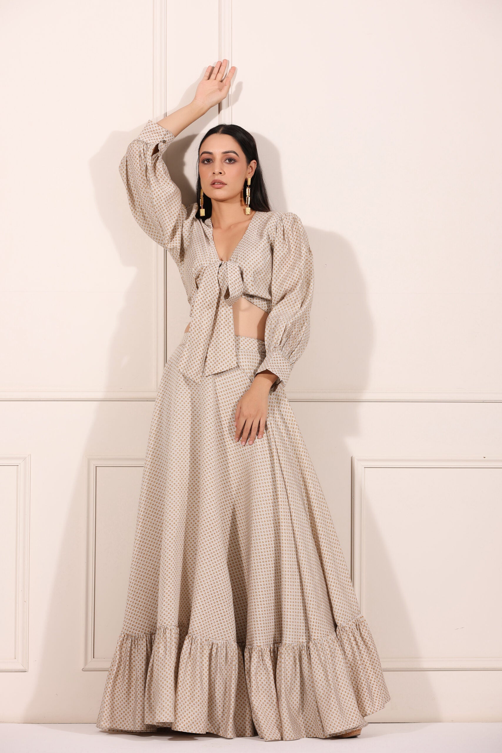 Stylera Bindu Starlight co-ord set featuring a crop top and flowy skirt in a stylish polka dot design