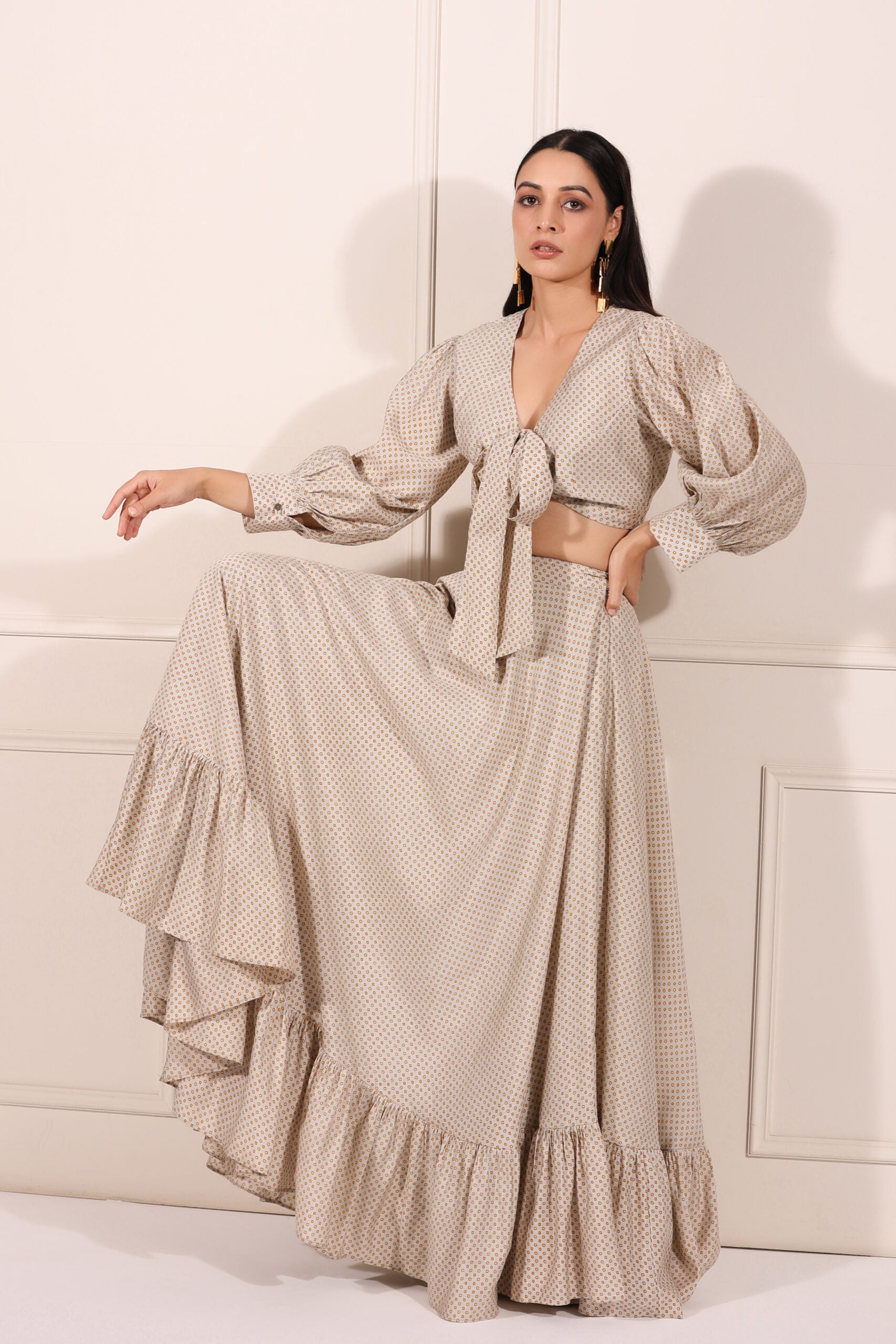 Bindu Starlight co-ord set featuring a tie-front top and a flowy skirt with ruffle details