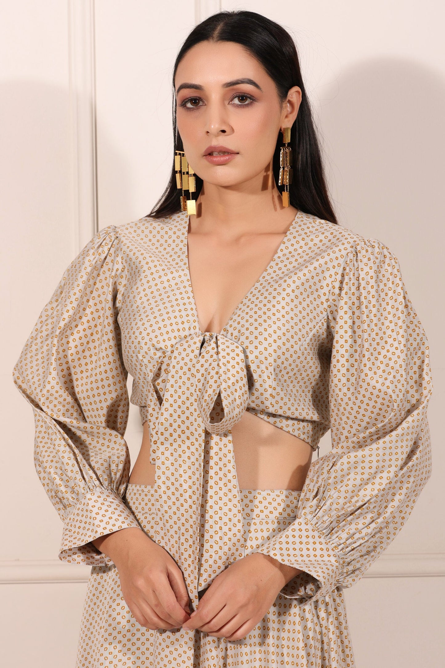Elegant Bindu Starlight co-ord set featuring a tied top and voluminous sleeves for a stylish look