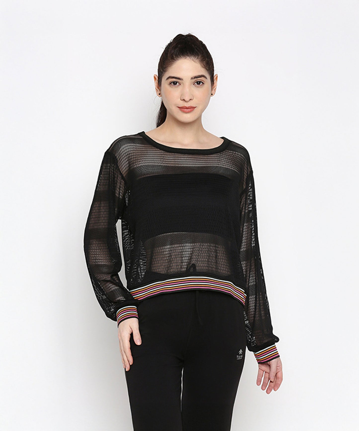 Stylera black netted top for women with a colorful striped hem for a stylish look