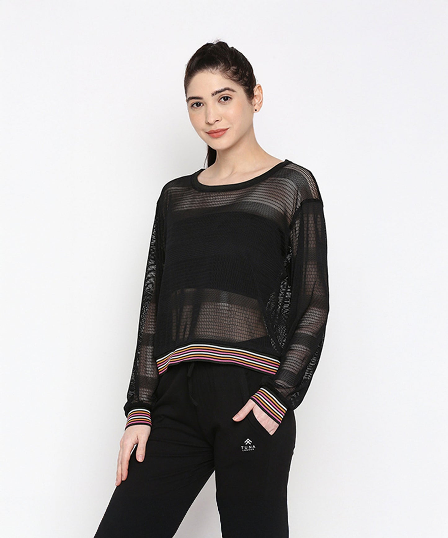 Stylish black netted top for women featuring colorful striped cuffs and a relaxed fit