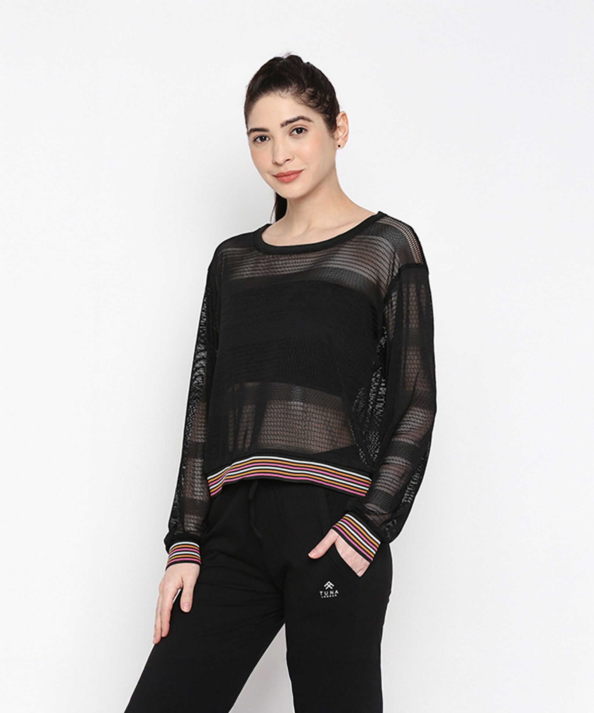 Stylish black netted top for women featuring colorful striped cuffs and a relaxed fit