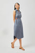 Stylera blue button down midi dress sleeveless with a collar and side buckle detail