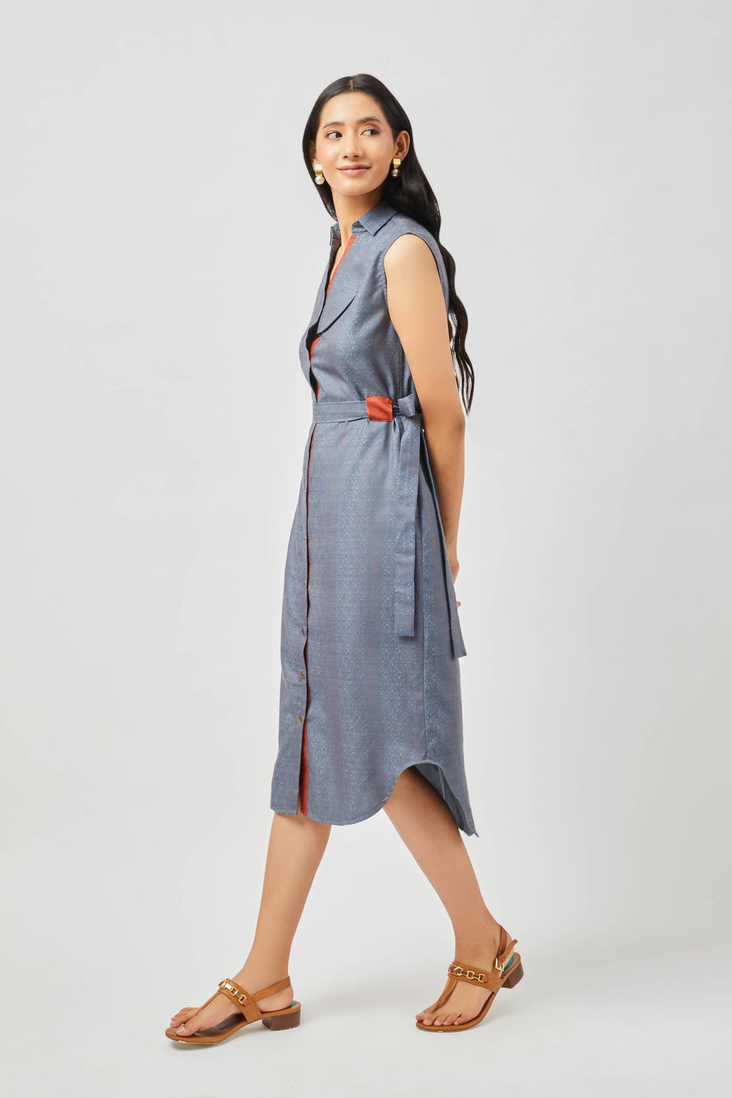 Stylera blue button down midi dress with sleeveless design and side tie belt