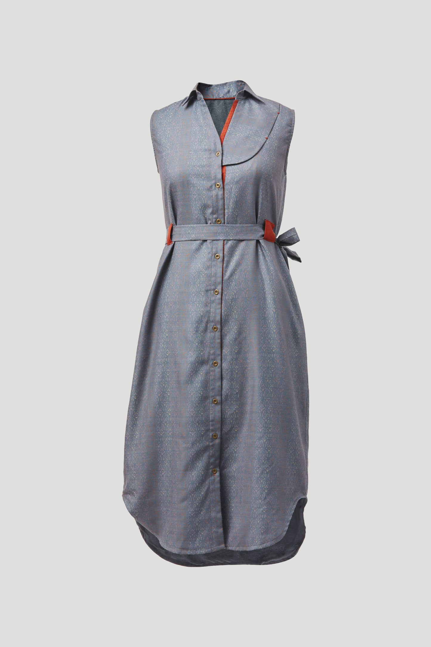 Stylera blue button down midi dress with sleeveless design and waist tie belt