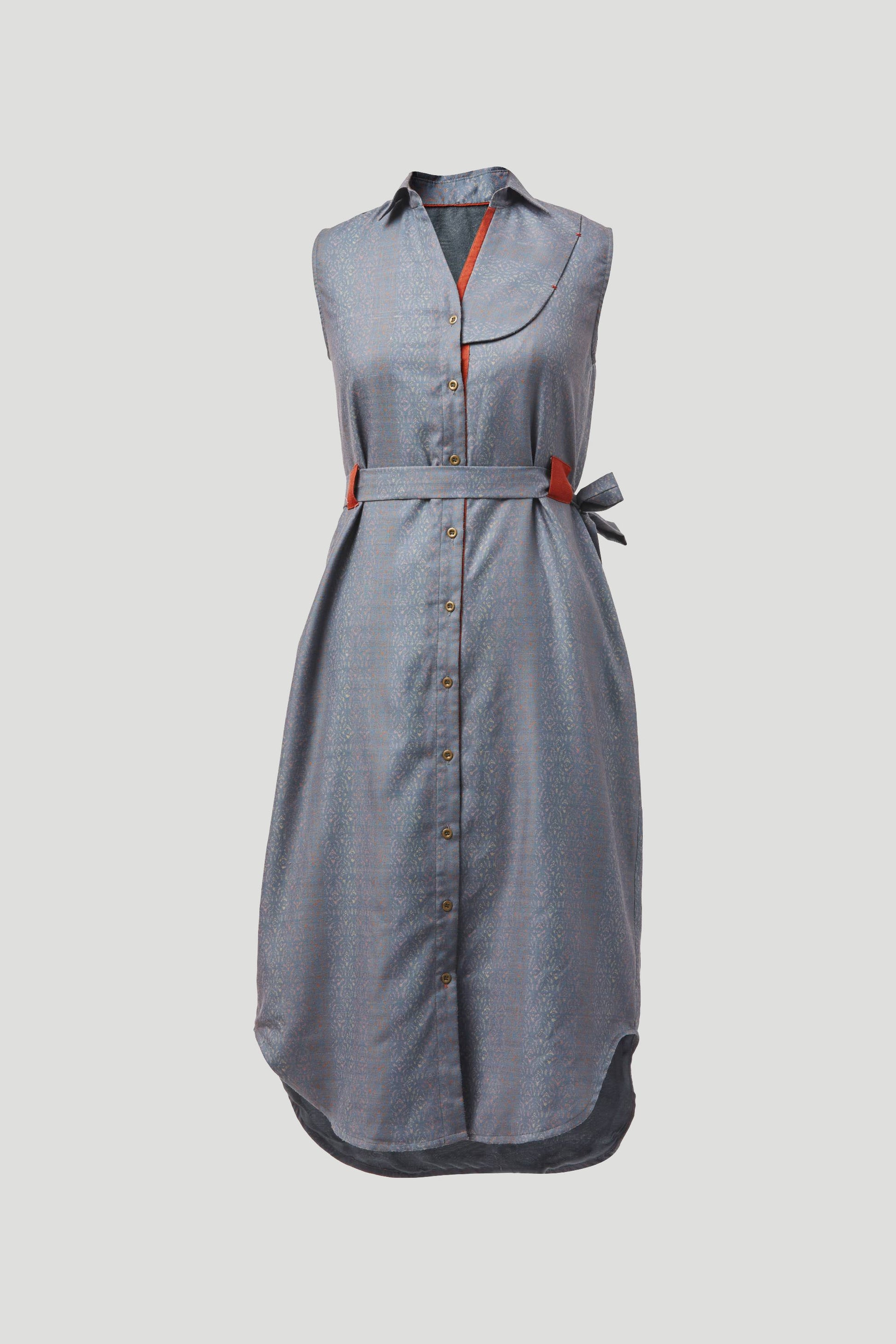 Stylera blue button down midi dress with sleeveless design and waist tie belt