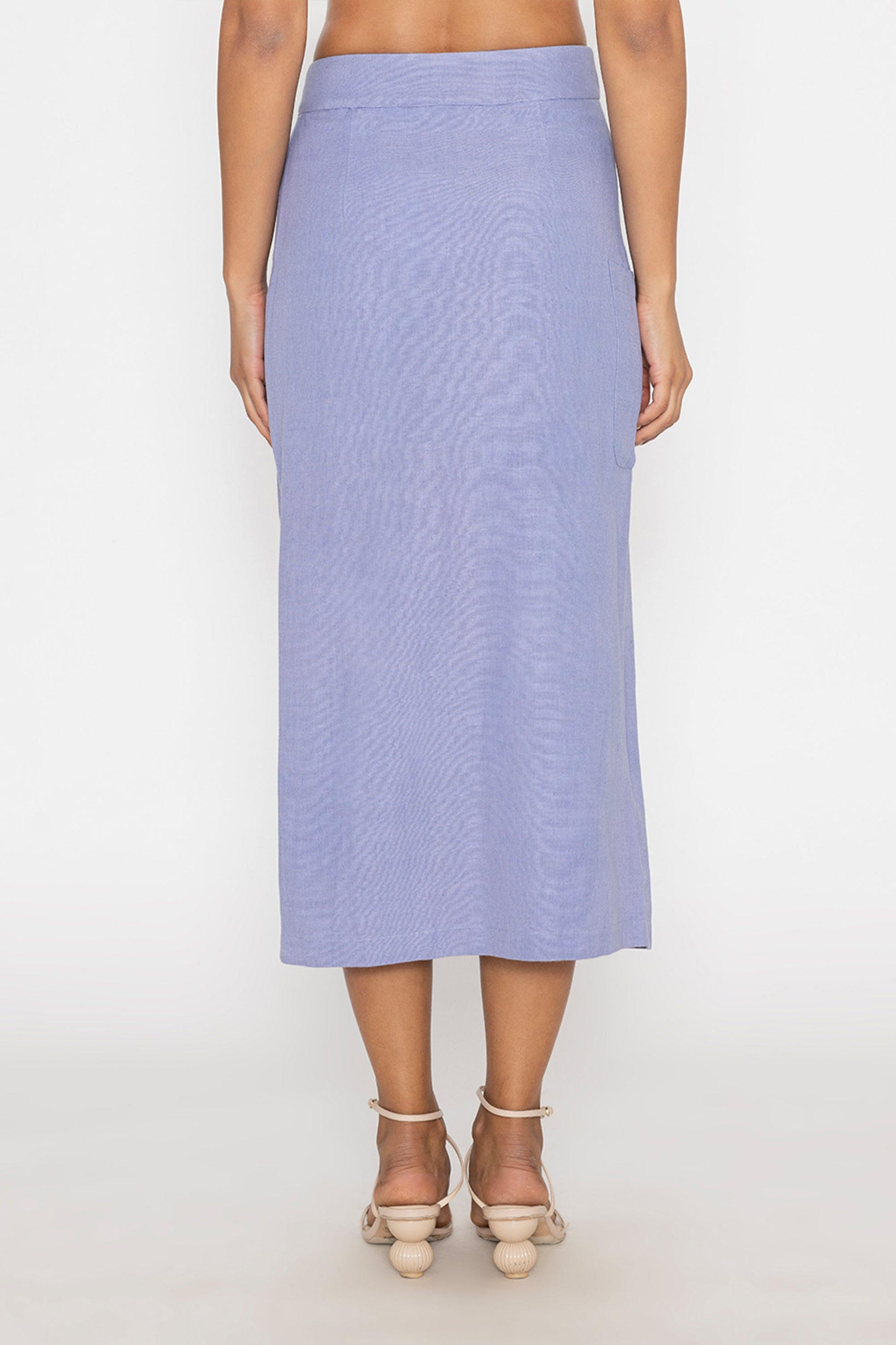 Stylera blue button front midi skirt shown from back in lightweight fabric