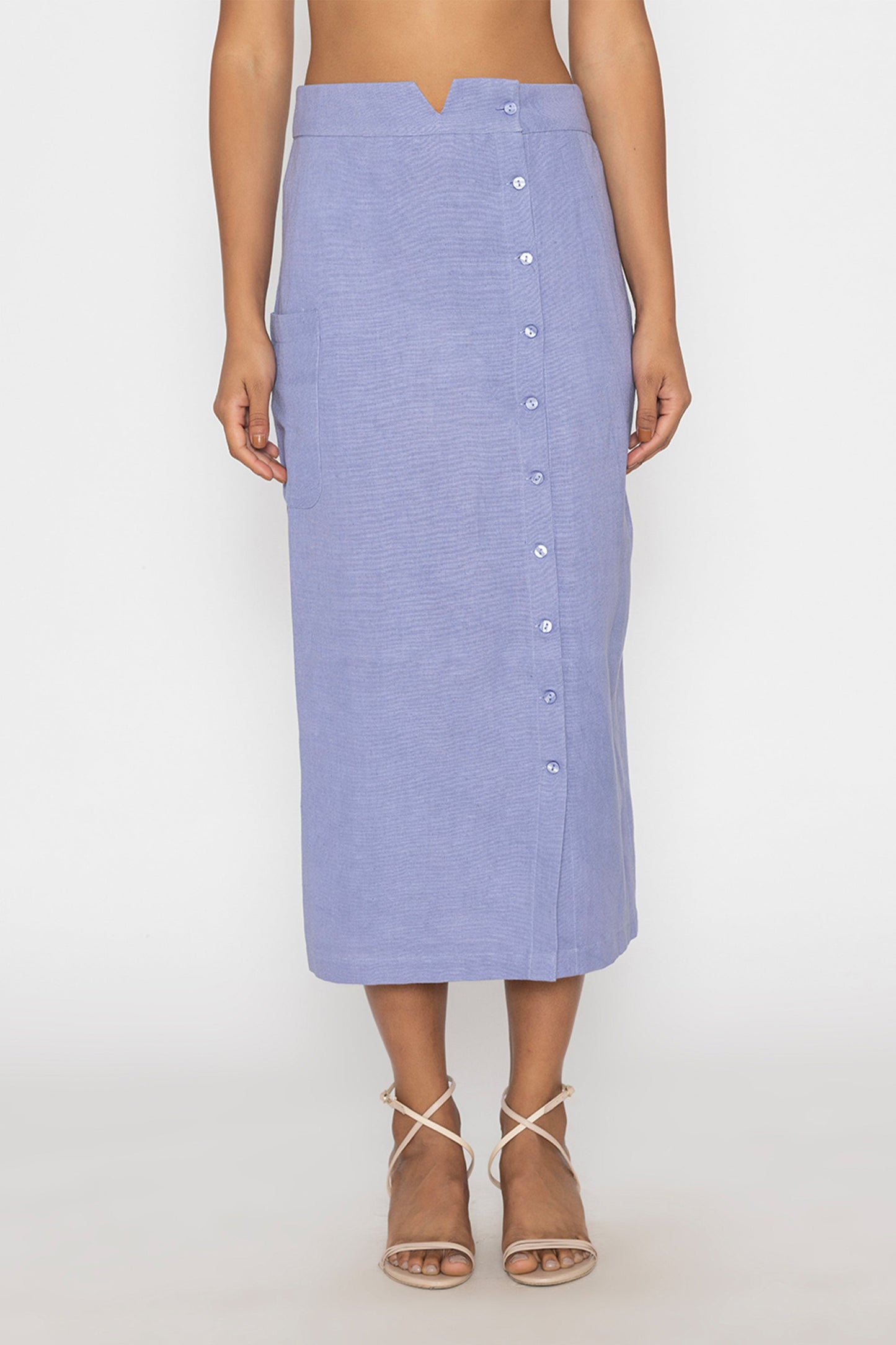 Stylera blue button front midi skirt with a fitted waist and side button details