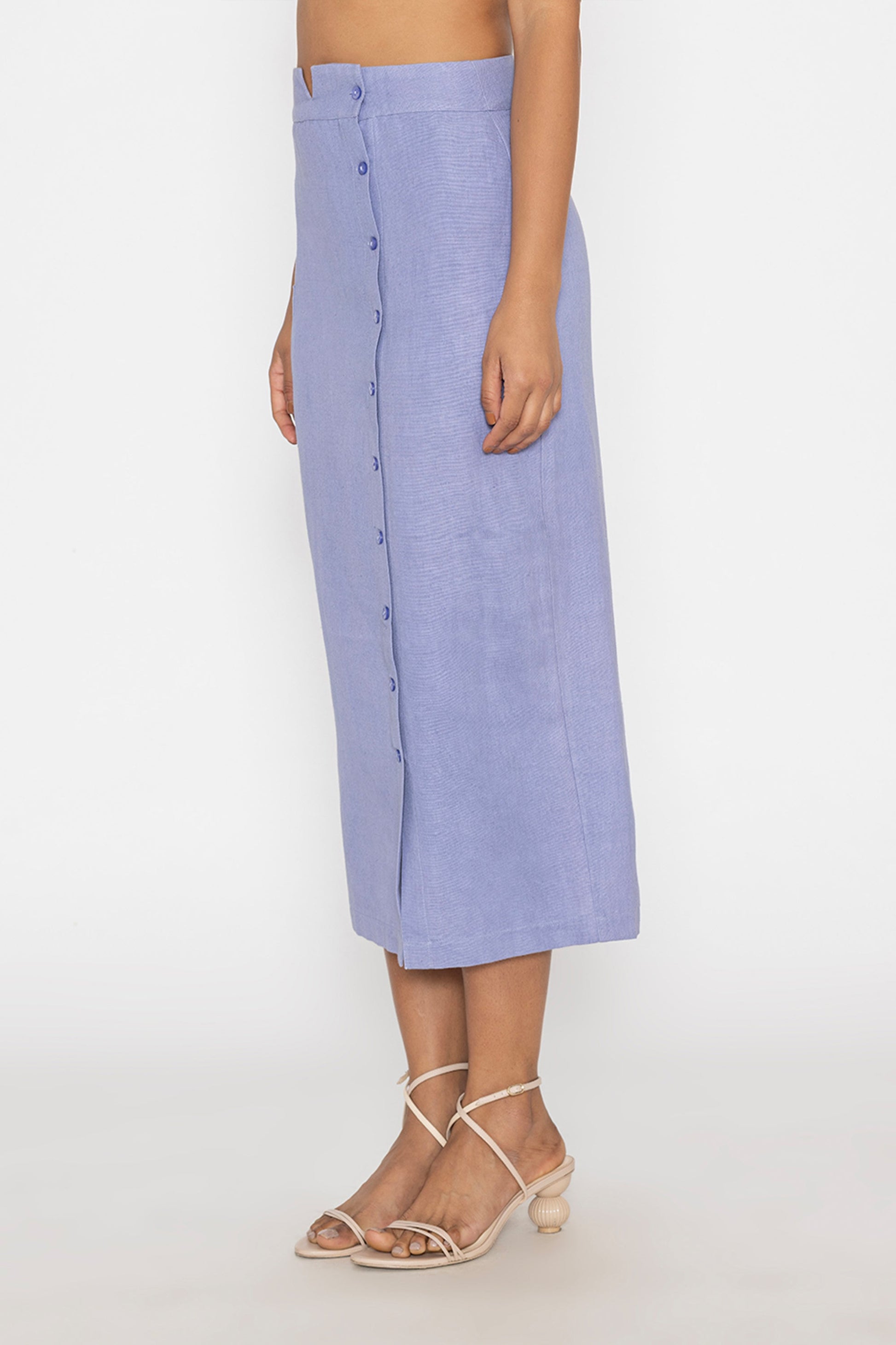 Stylera blue button front midi skirt with side buttons and a straight fit