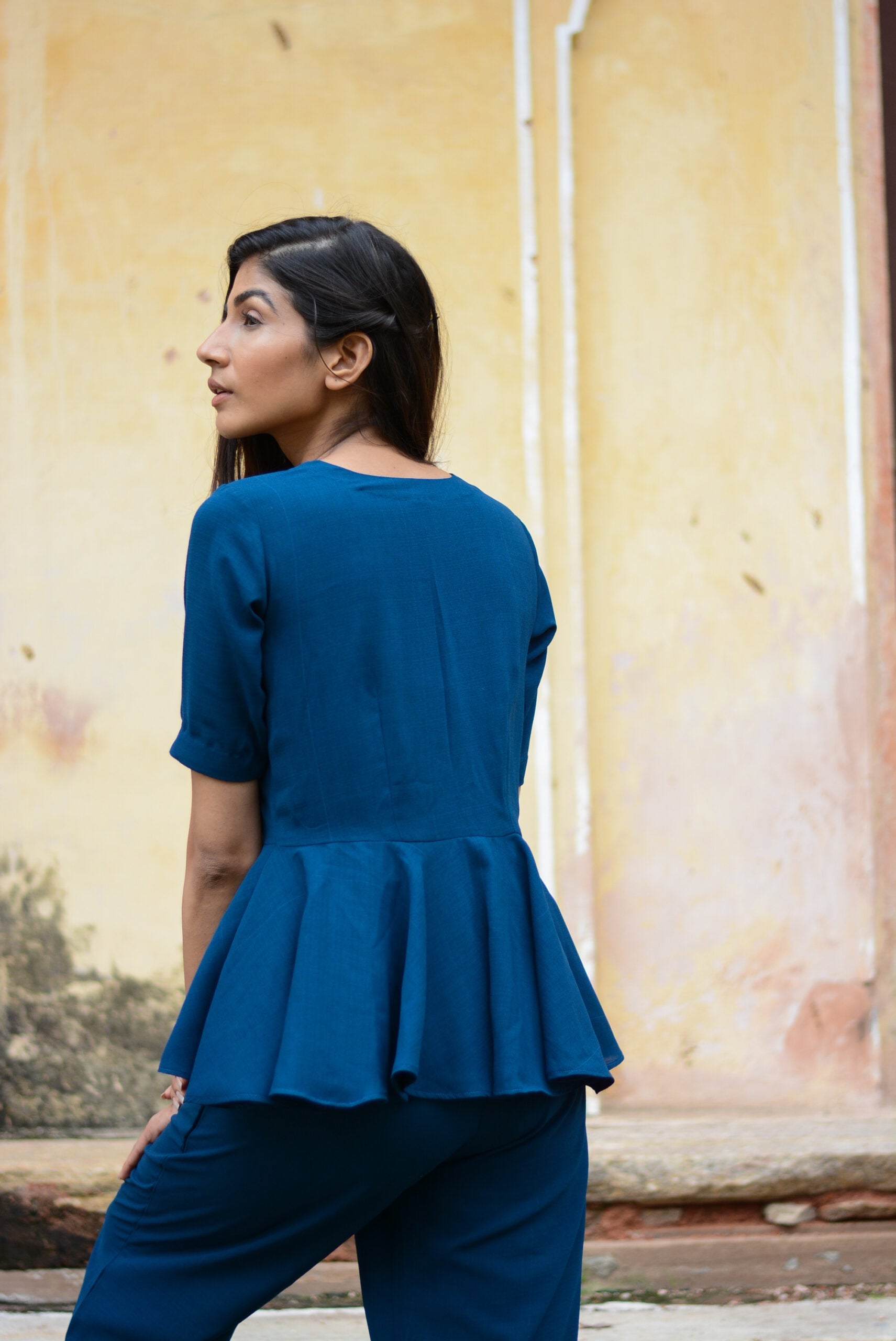 Yale blue peplum co-ord set featuring a stylish top with a flared hem and coordinating bottoms