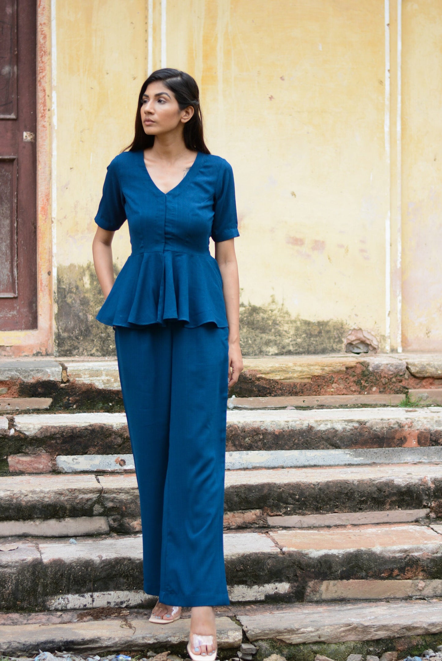 Stylera Yale blue peplum co-ord set featuring a stylish top and matching pants for a chic look
