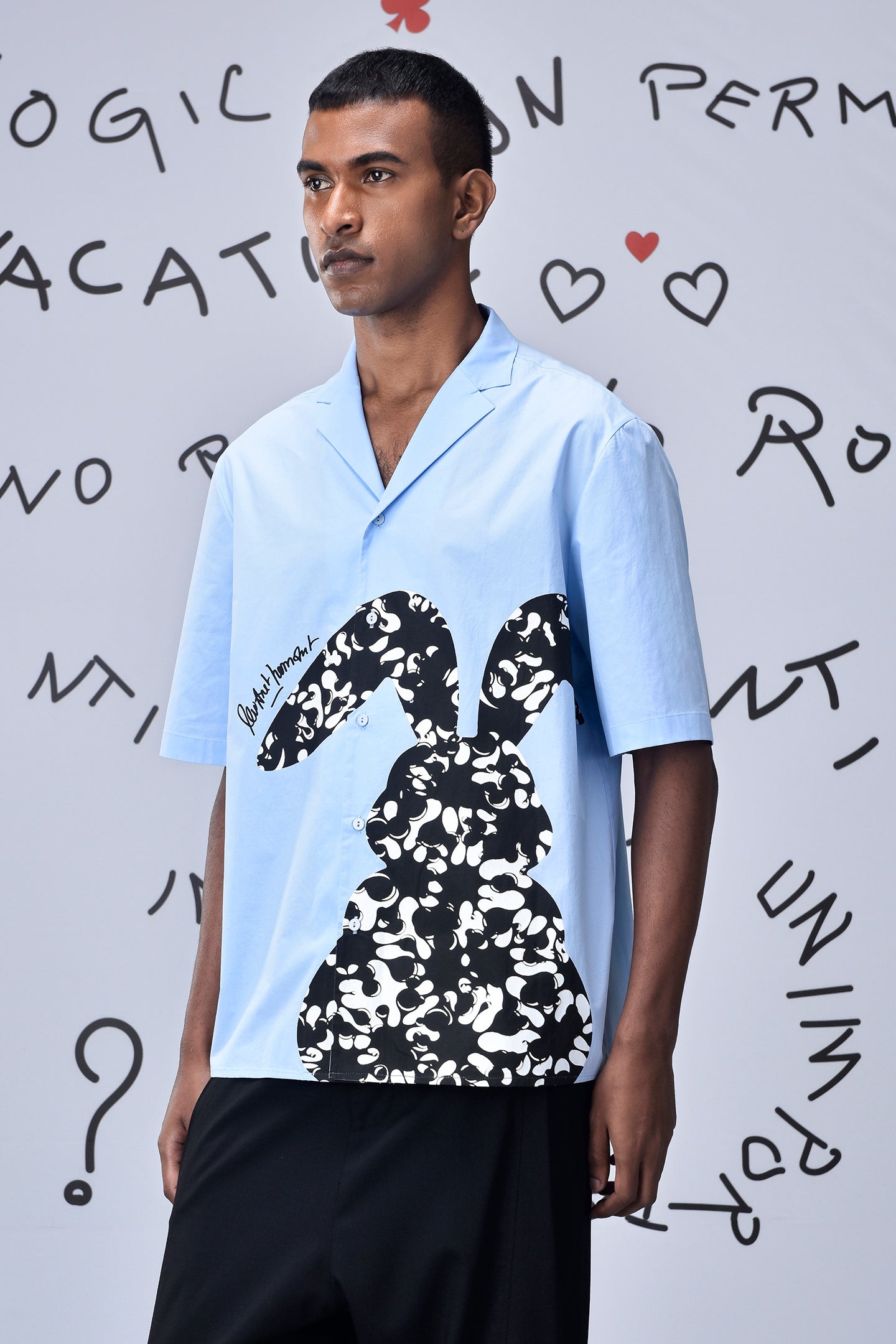 Light blue relax fit shirt for men by Stylera with black and white bunny graphic